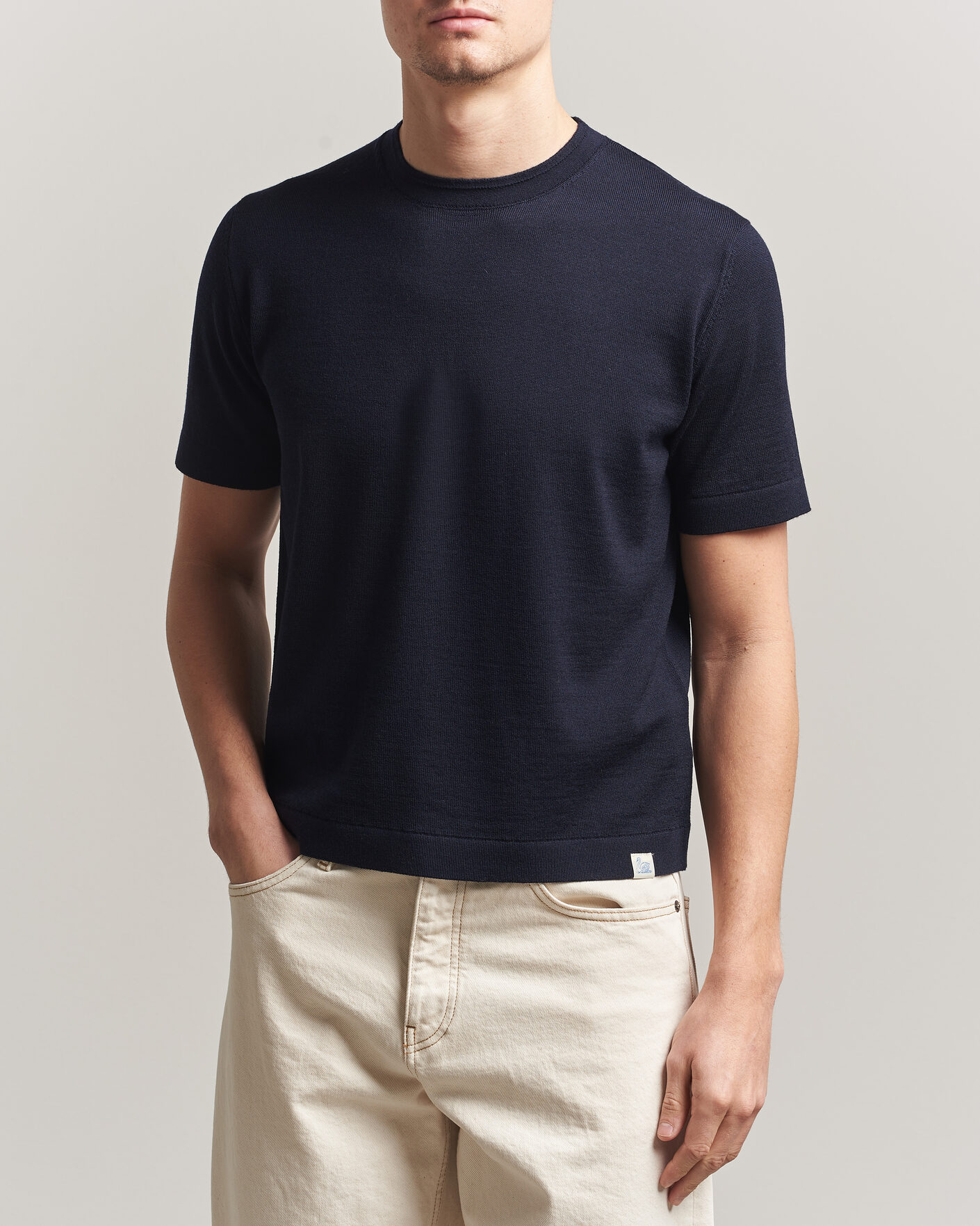 Herre | T-Shirts | Merz b. Schwanen | Relaxed Fit Merino Knitted T-Shirt Dark Navy