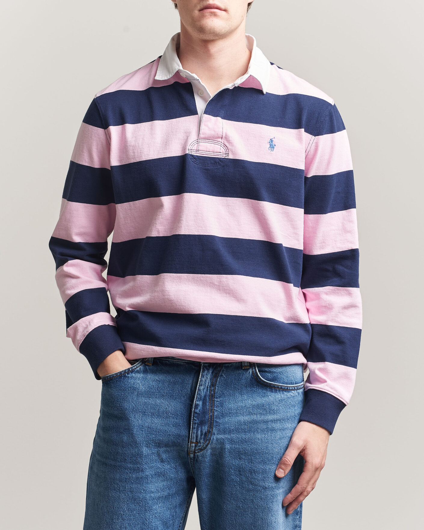 Herre | Gensere | Polo Ralph Lauren | Jersey Striped Rugger Carmel Pink/Newport Navy