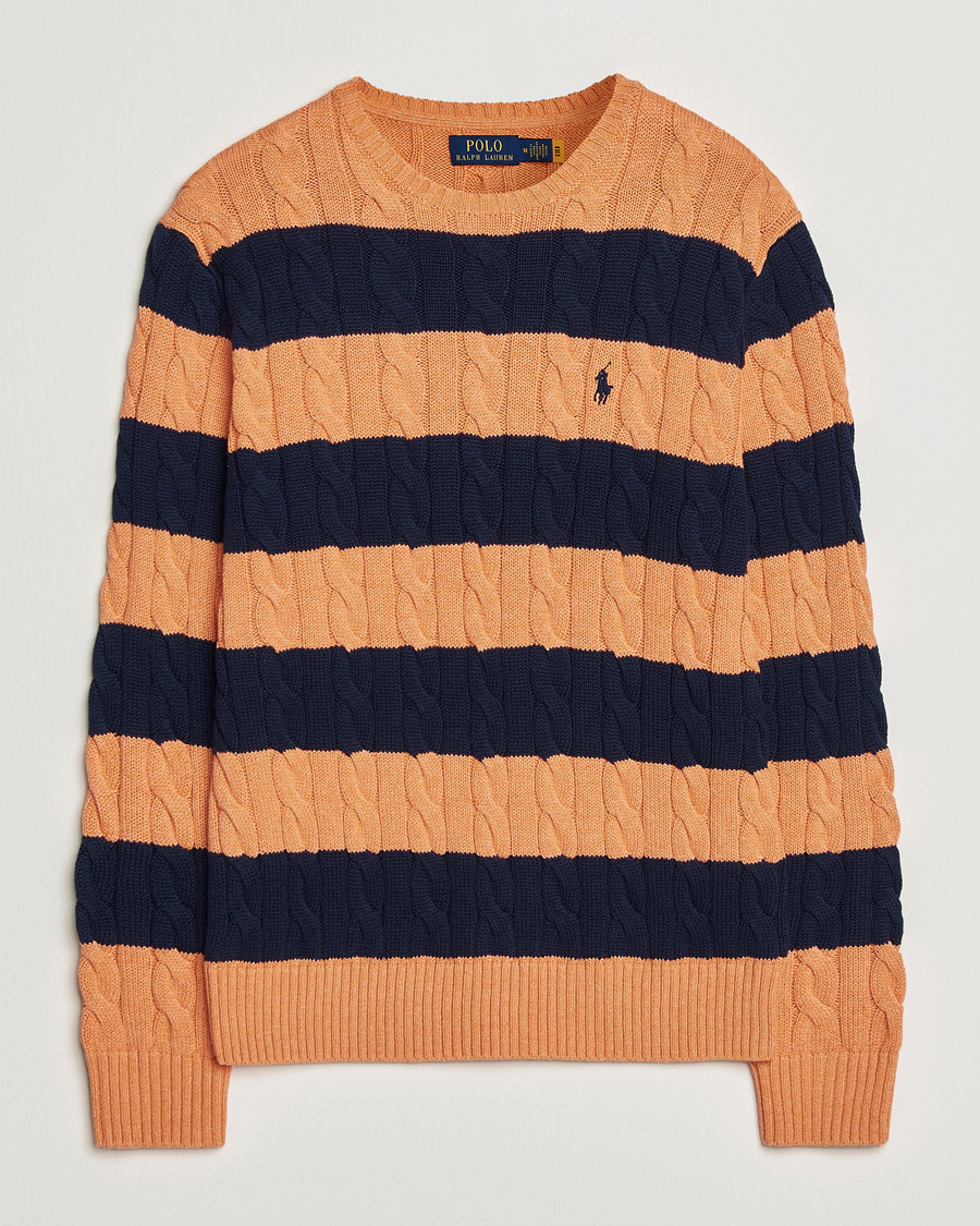 Herre | Gensere | Polo Ralph Lauren | Striped Cotton Cable Sweater Orange Navy Combo