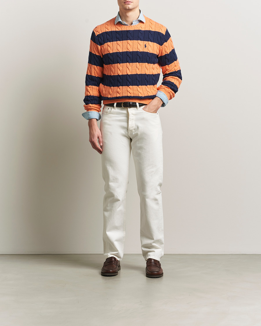 Herre | Gensere | Polo Ralph Lauren | Striped Cotton Cable Sweater Orange Navy Combo