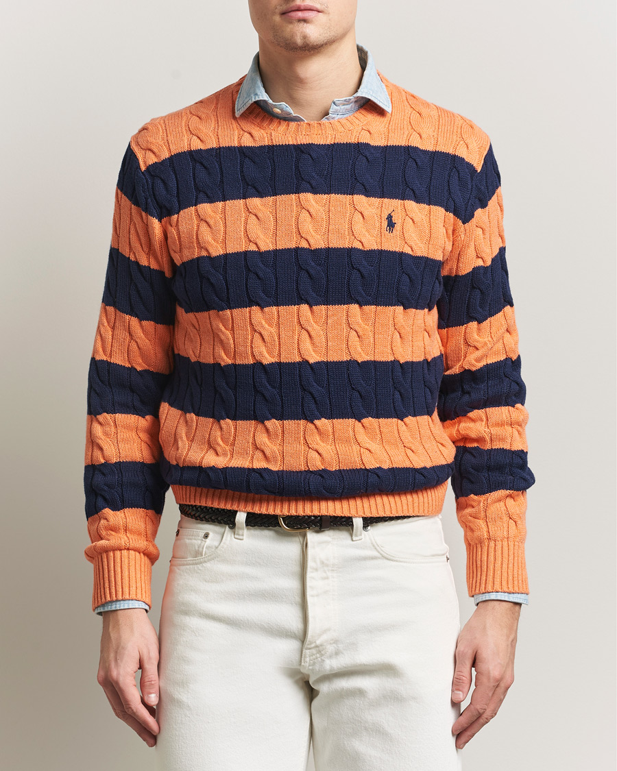 Herre | Gensere | Polo Ralph Lauren | Striped Cotton Cable Sweater Orange Navy Combo