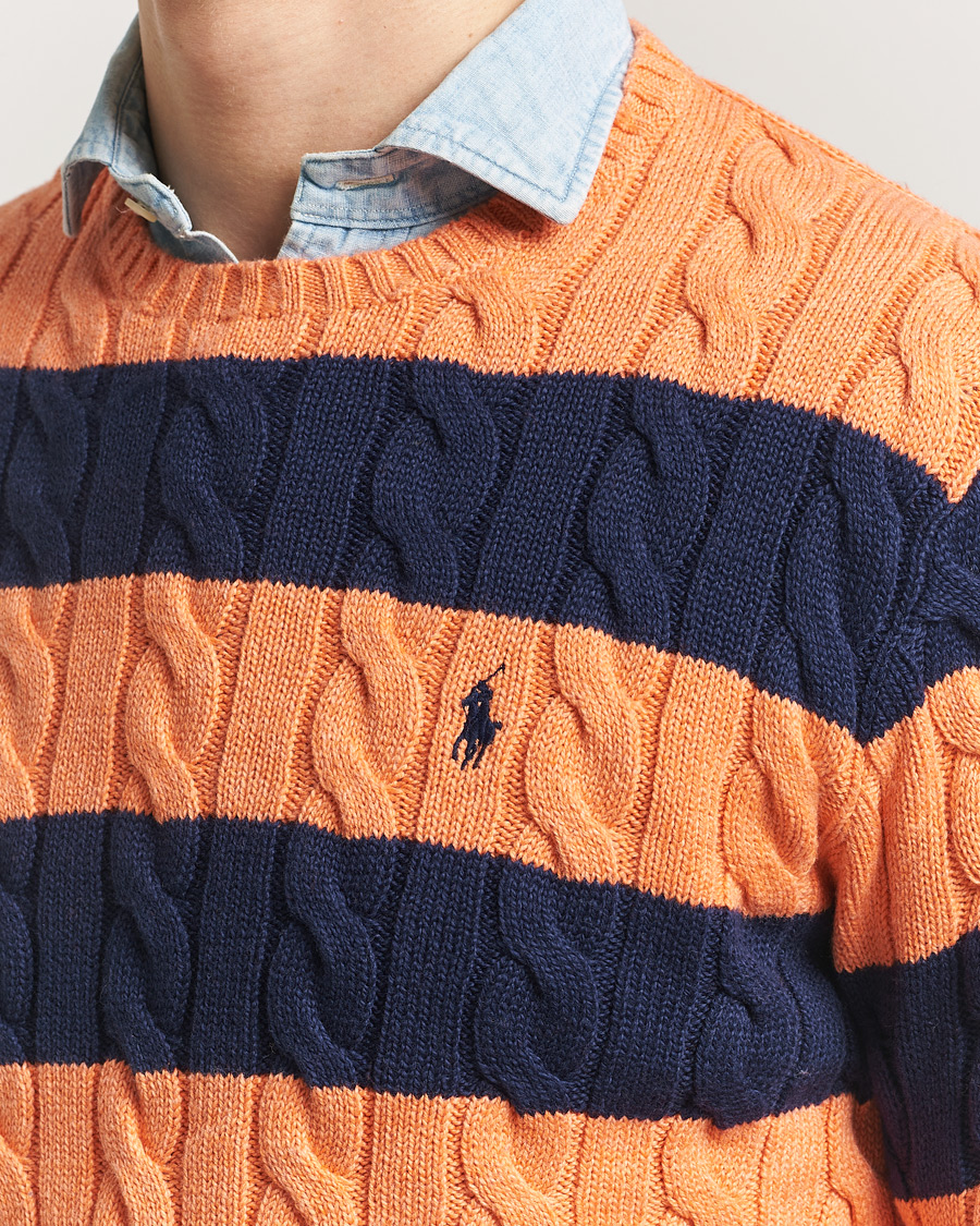Herre | Gensere | Polo Ralph Lauren | Striped Cotton Cable Sweater Orange Navy Combo