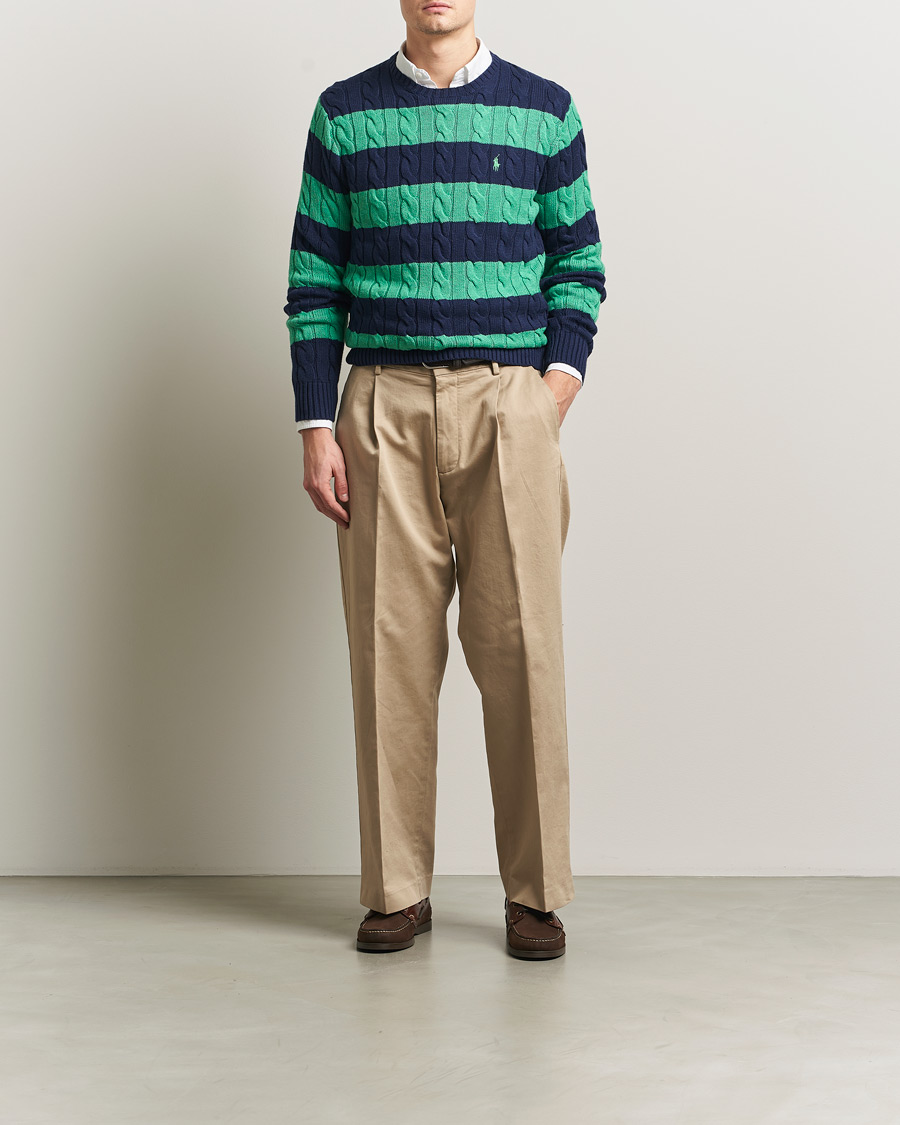 Herre | Gensere | Polo Ralph Lauren | Striped Cotton Cable Sweater Navy Green Combo