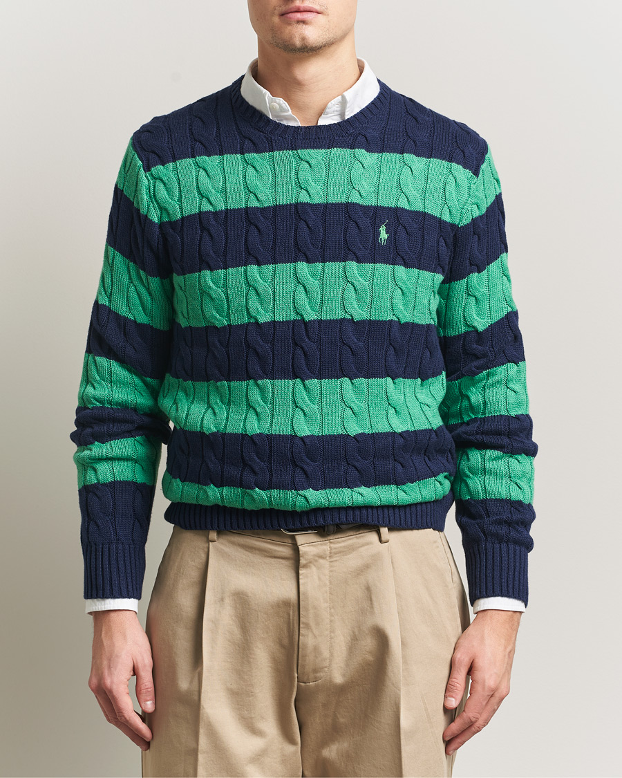 Herre | Gensere | Polo Ralph Lauren | Striped Cotton Cable Sweater Navy Green Combo