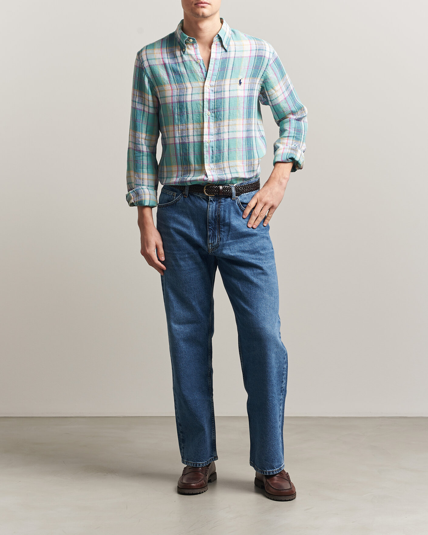 Herre | Skjorter | Polo Ralph Lauren | Custom Fit Check Linen Shirt Green/Blue/White