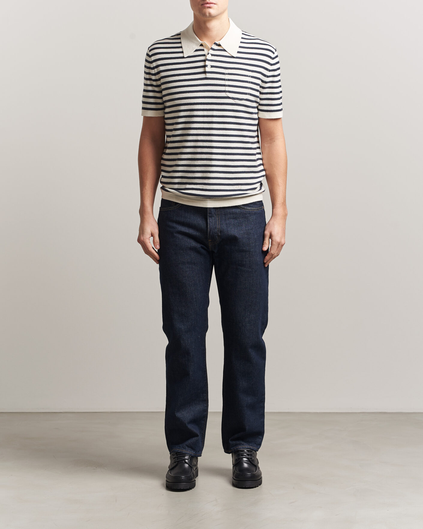Herre | Pikéer | A.P.C. | Eliot Cotton/Cashmere Knitted Polo Ecru/Navy