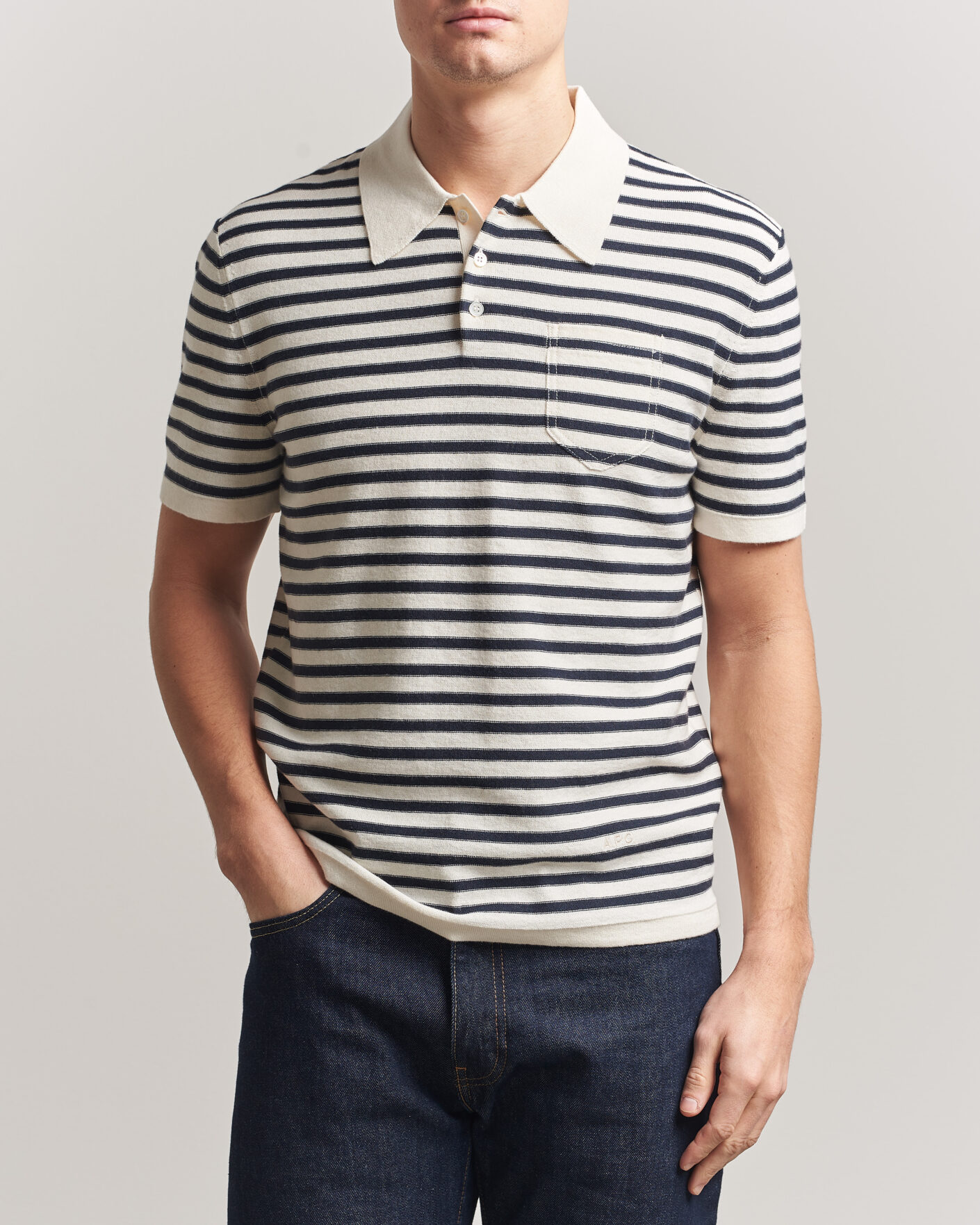 Herre | Pikéer | A.P.C. | Eliot Cotton/Cashmere Knitted Polo Ecru/Navy