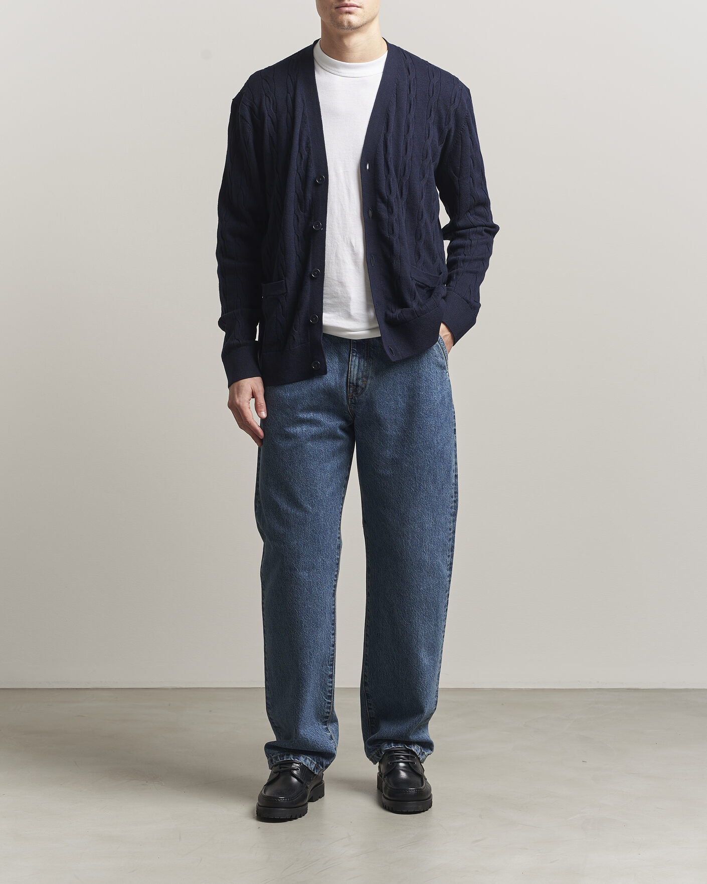 Herre | Gensere | Filippa K | Cotton/Merino Cable Cardigan Navy