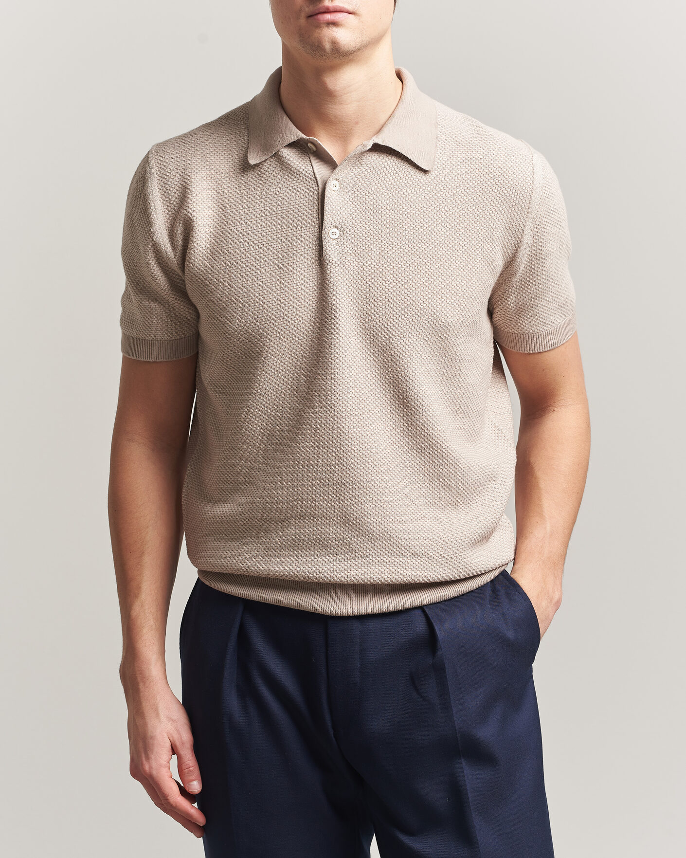 Herre | Pikéer | Canali | Textured Knit Short Sleeve Polo Light Beige