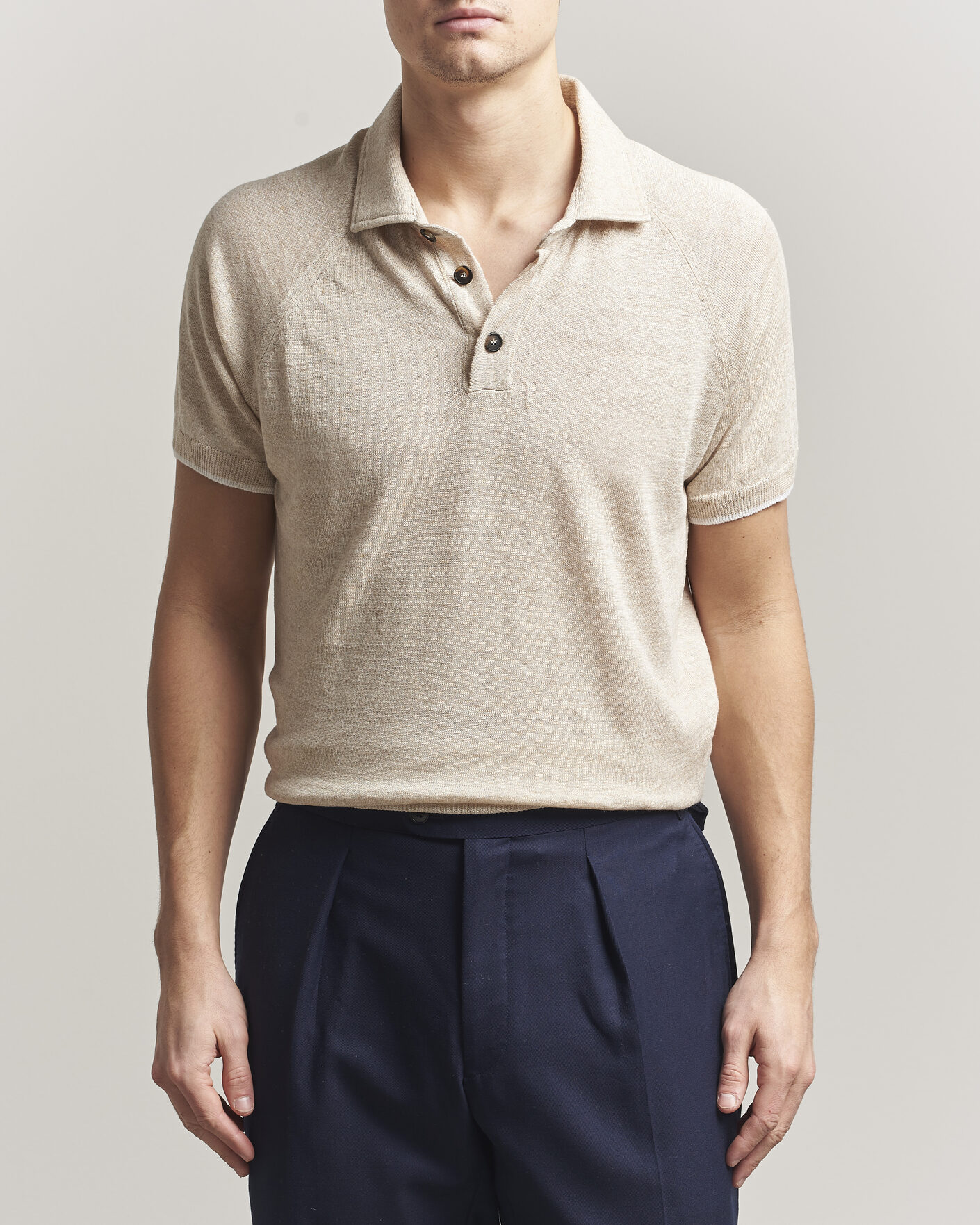 Herre | Pikéer | Kiton | Linen Raglan Polo Shirt Ecru