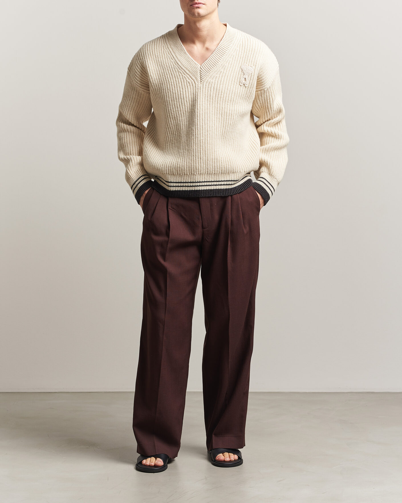Herre | Gensere | AMI | Wool/Cotton Ribbed V-Neck Creme