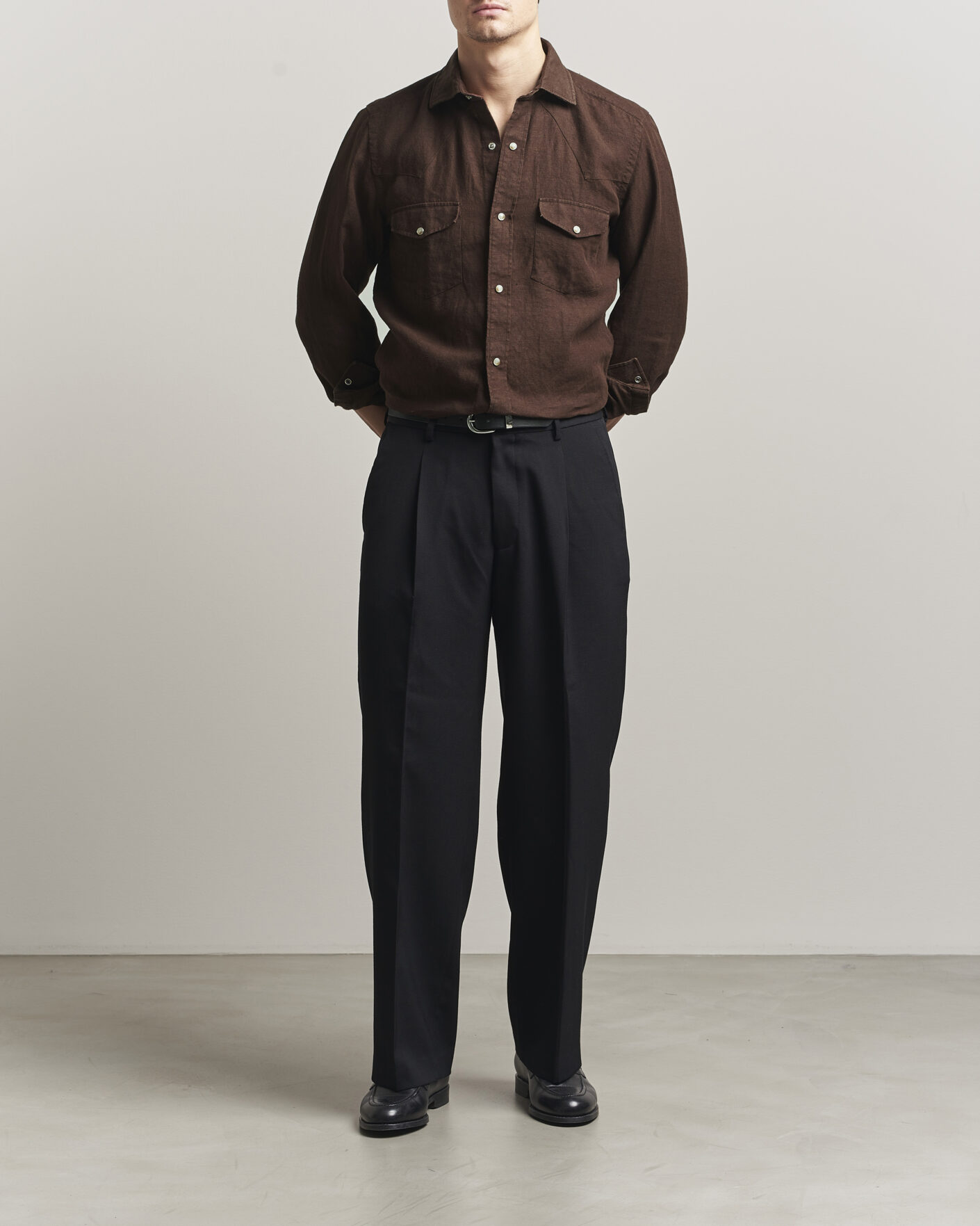 Herre | Skjorter | 100Hands | Two Pocket Western Linen Shirt Chocolate