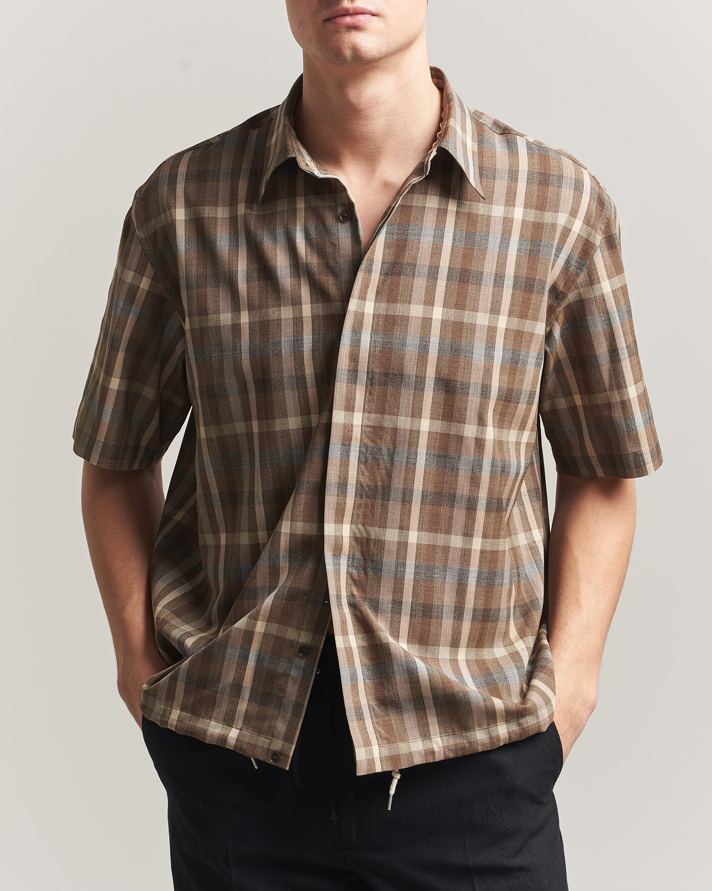 Herre | Skjorter | Auralee | Tropical Wool Half Sleeve Shirt Brown Check