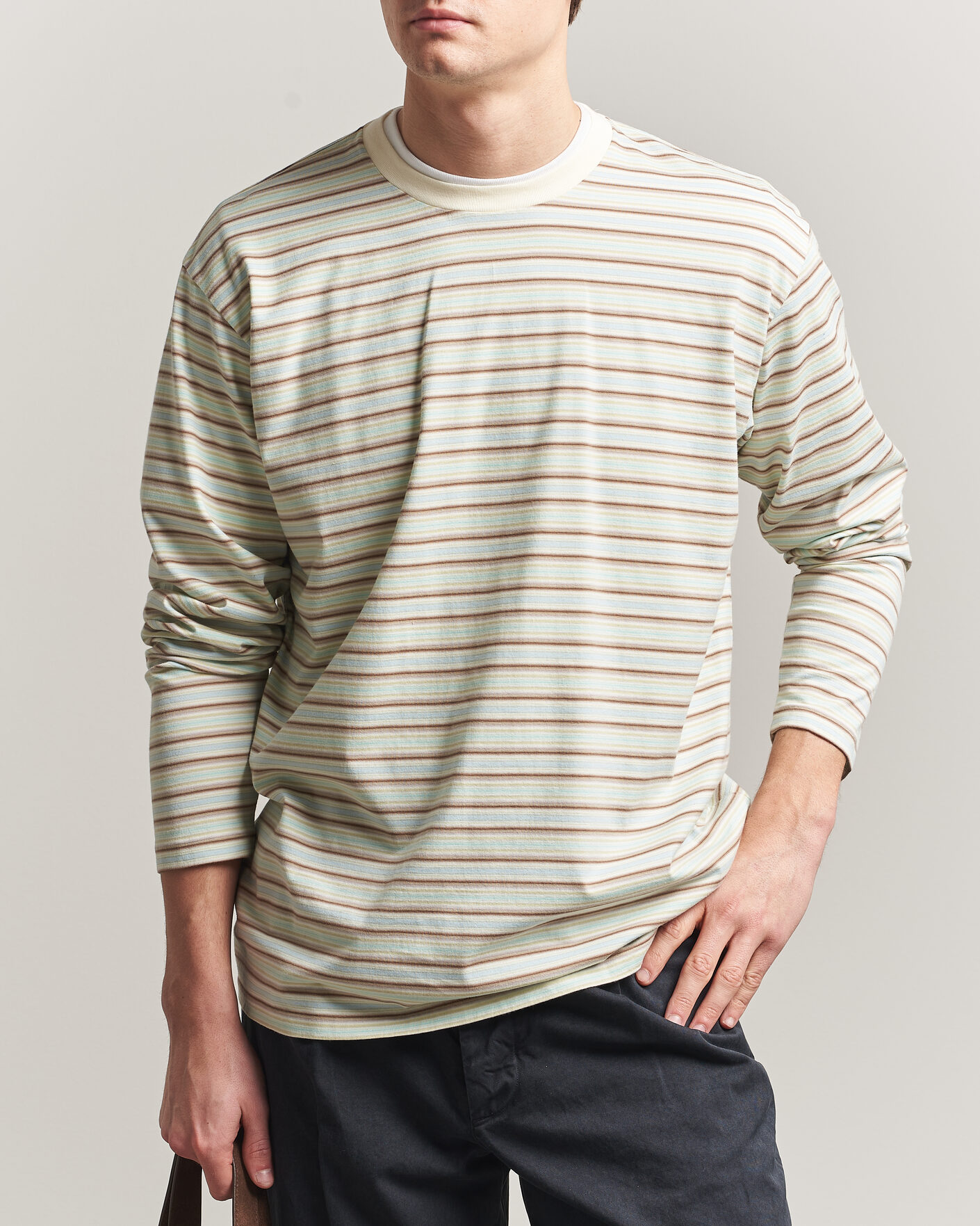 Herre | T-Shirts | Auralee | Long Sleeve Cotton T-Shirt Mint Stripe