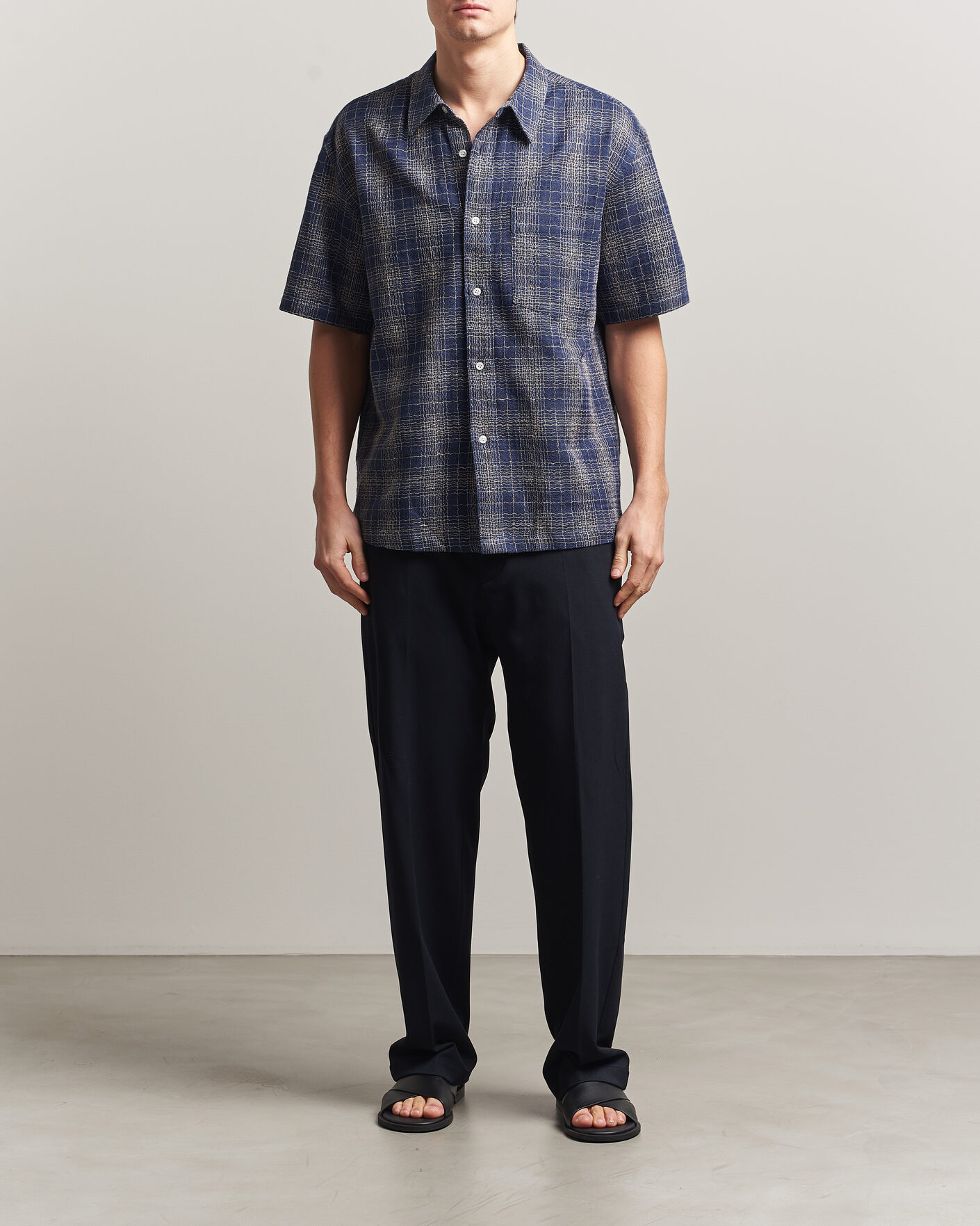 Herre | Skjorter | Palmes | Cotton/Linen Short Sleeve Shirt Navy Check