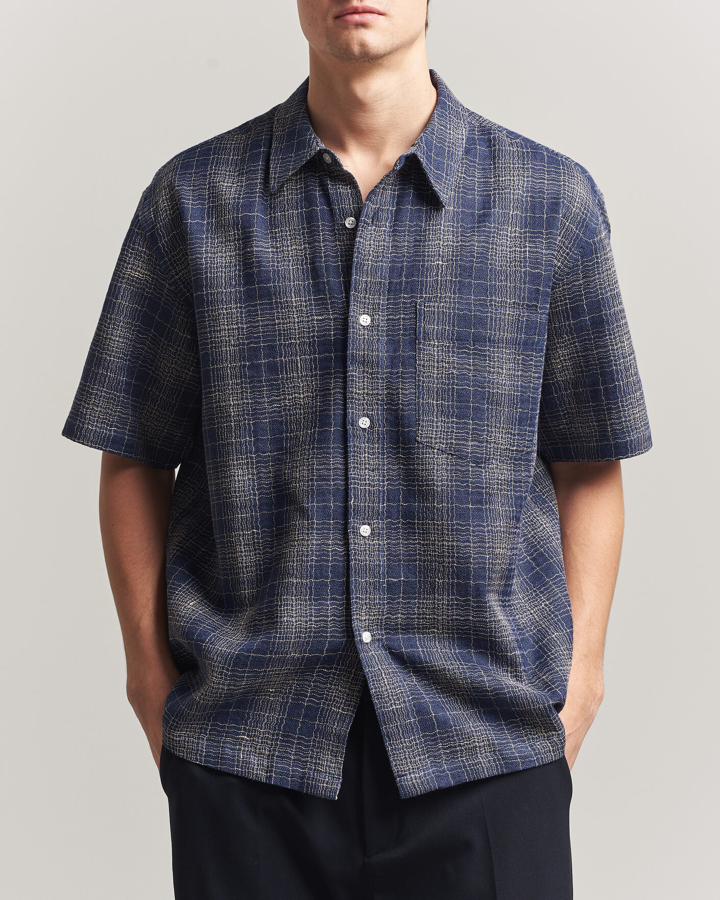 Herre | Skjorter | Palmes | Cotton/Linen Short Sleeve Shirt Navy Check