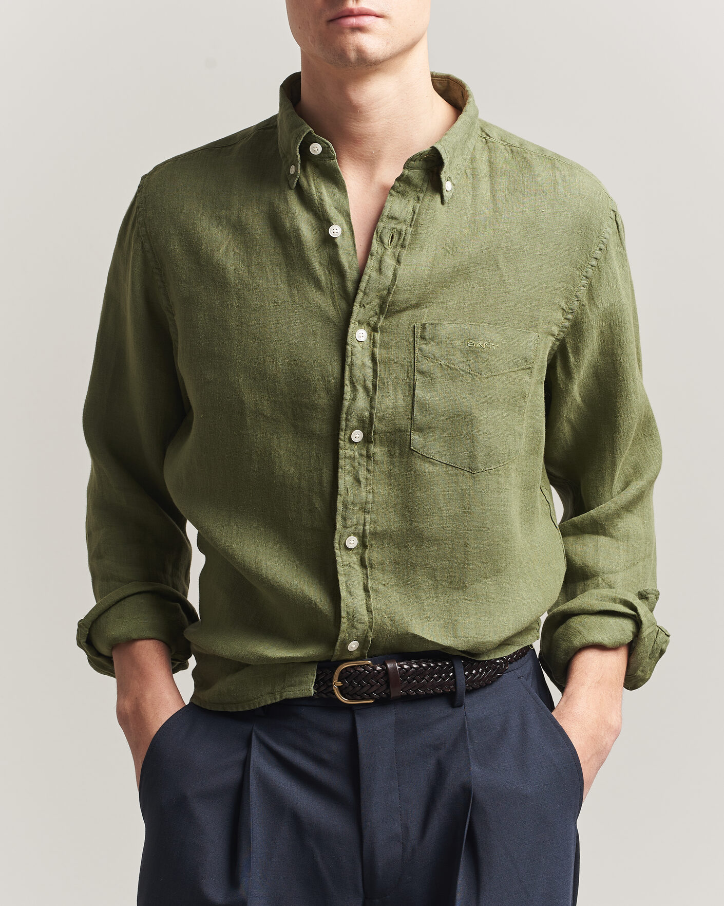 Herre | Skjorter | Gant | Regular Fit Garment Dyed Linen Shirt Dry Herb Green