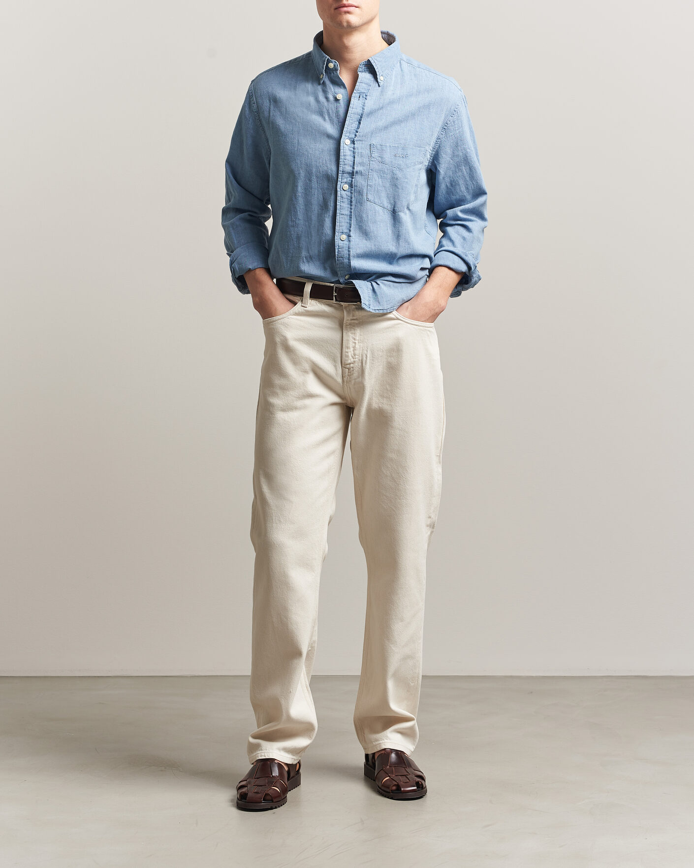 Herre | Skjorter | Gant | Regular Fit Cotton Linen Indigo Shirt Semi Light Blue