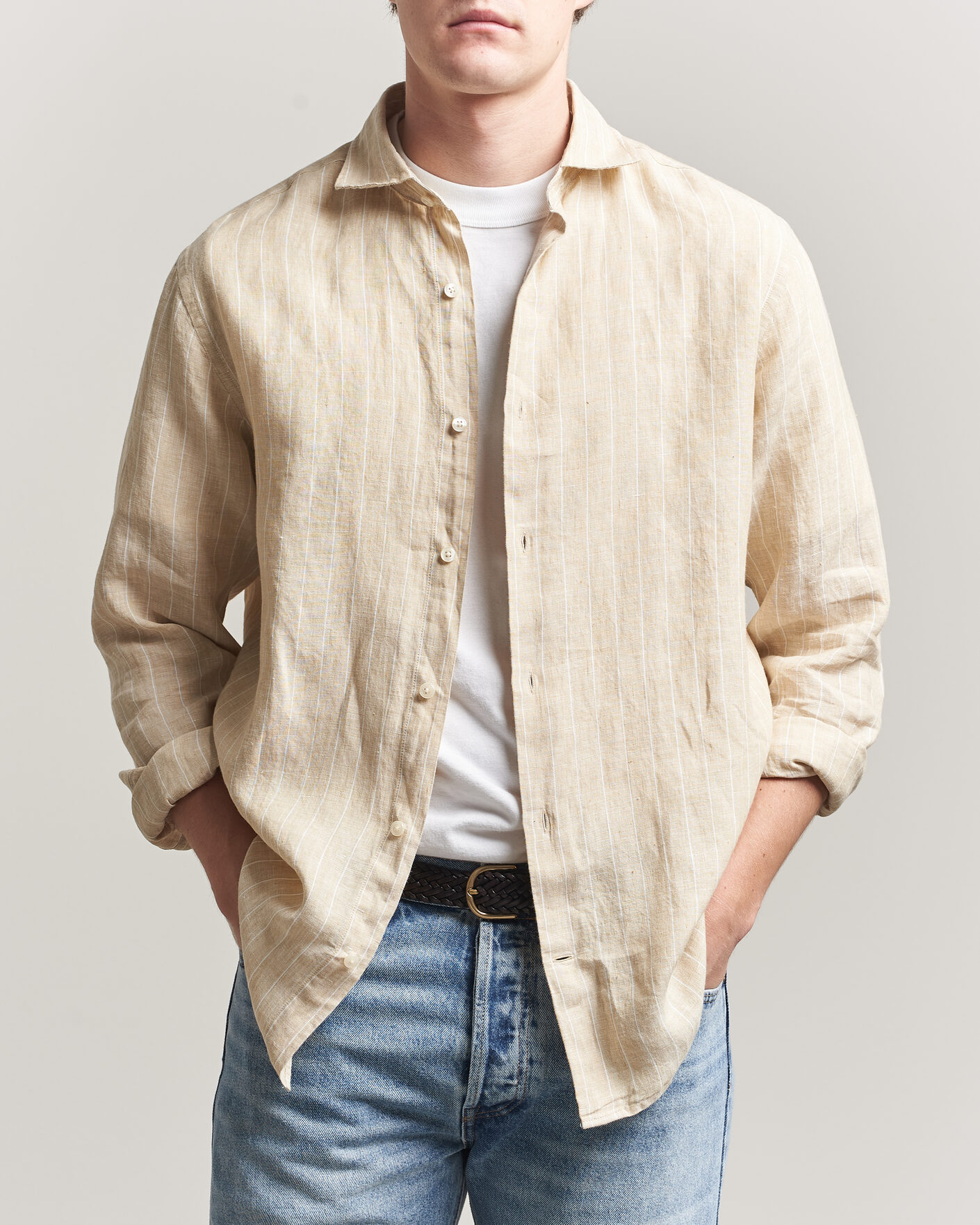Herre | Skjorter | GANT | Regular Fit Linen Striped Shirt Oat Beige