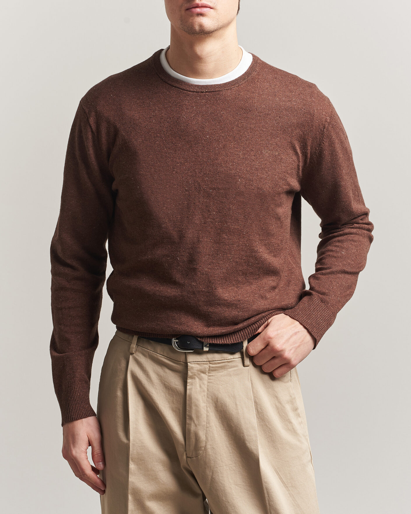 Herre | Gensere | Gant | Cotton/Linen Slub Knitted Sweater Hazelnut Melange
