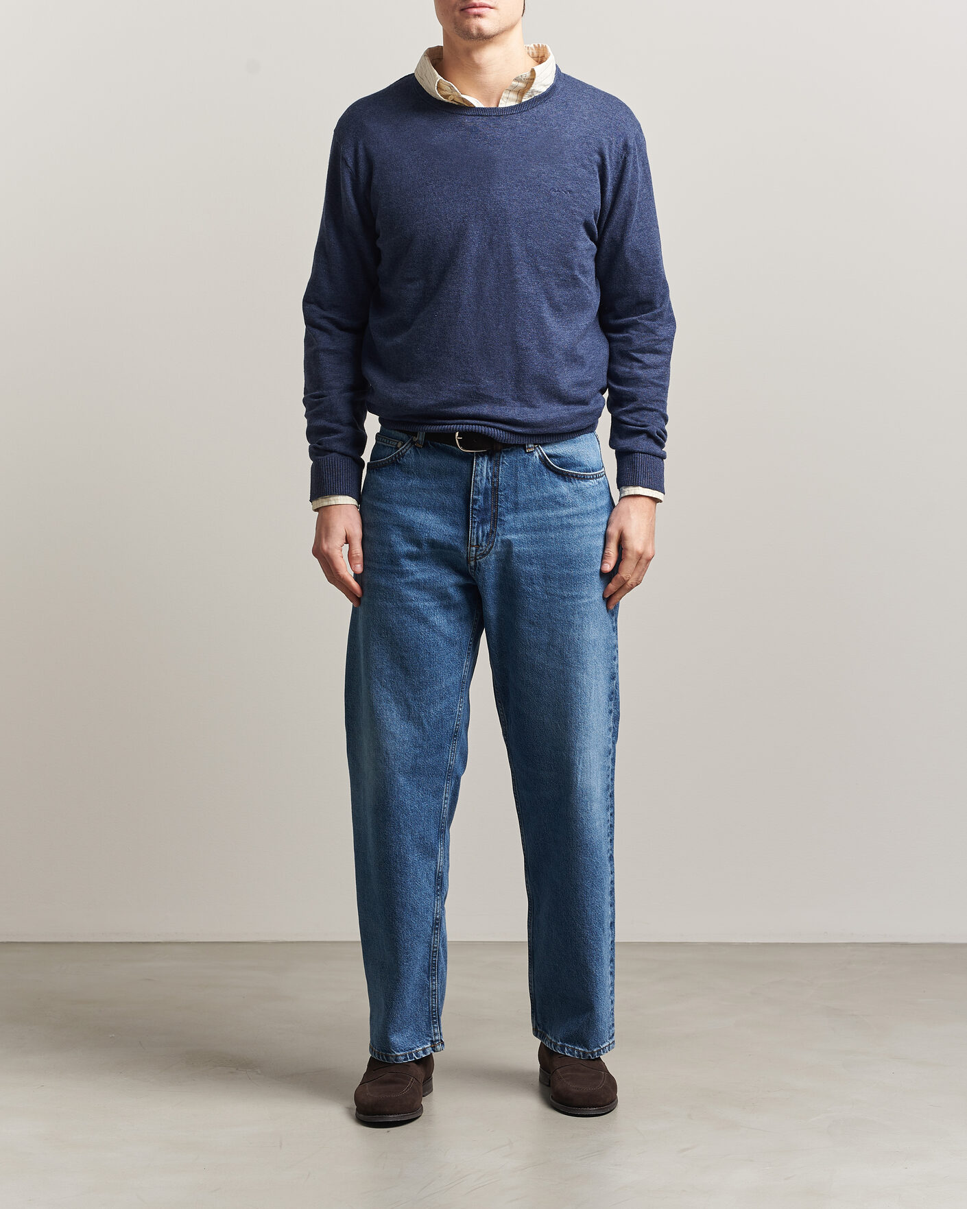 Herre | Gensere | GANT | Cotton/Linen Slub Knitted Sweater Dark Indigo Melange