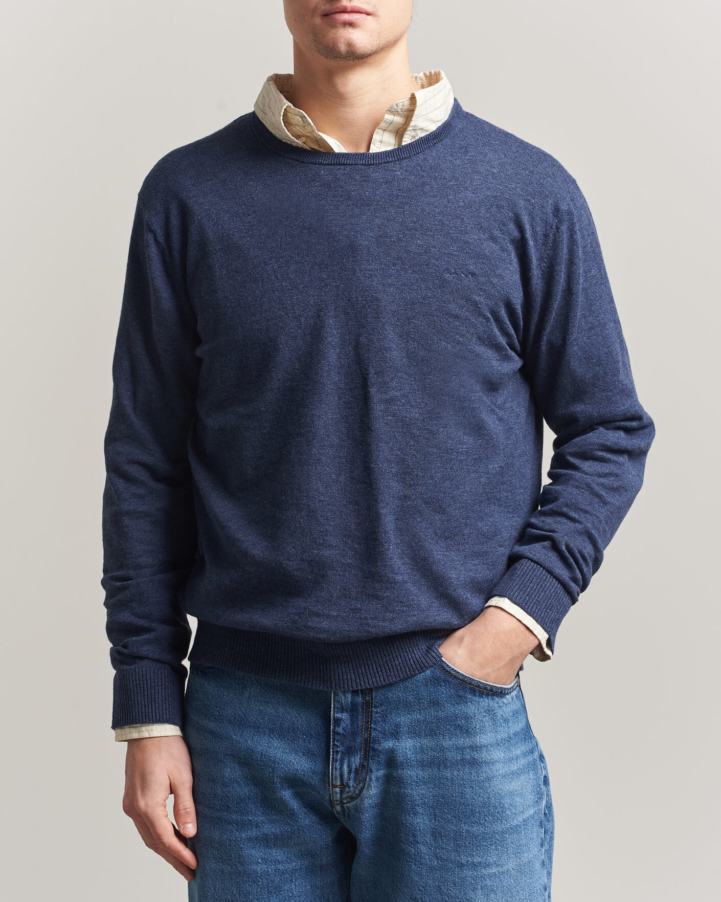 Herre | Gensere | Gant | Cotton/Linen Slub Knitted Sweater Dark Indigo Melange