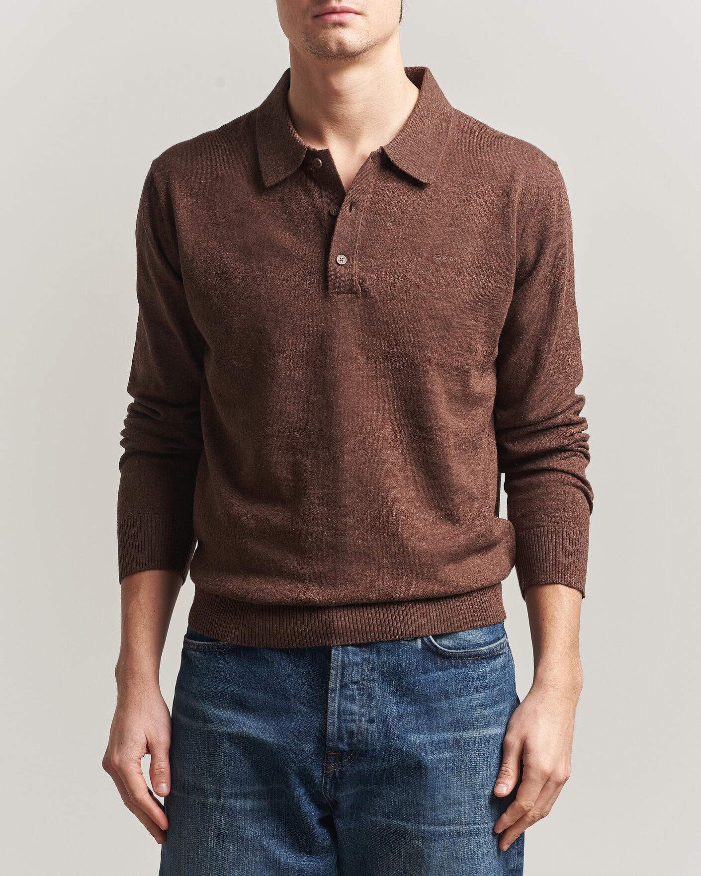 Herre | Gensere | Gant | Cotton/Linen Slub Knitted Polo Hazelnut Melange
