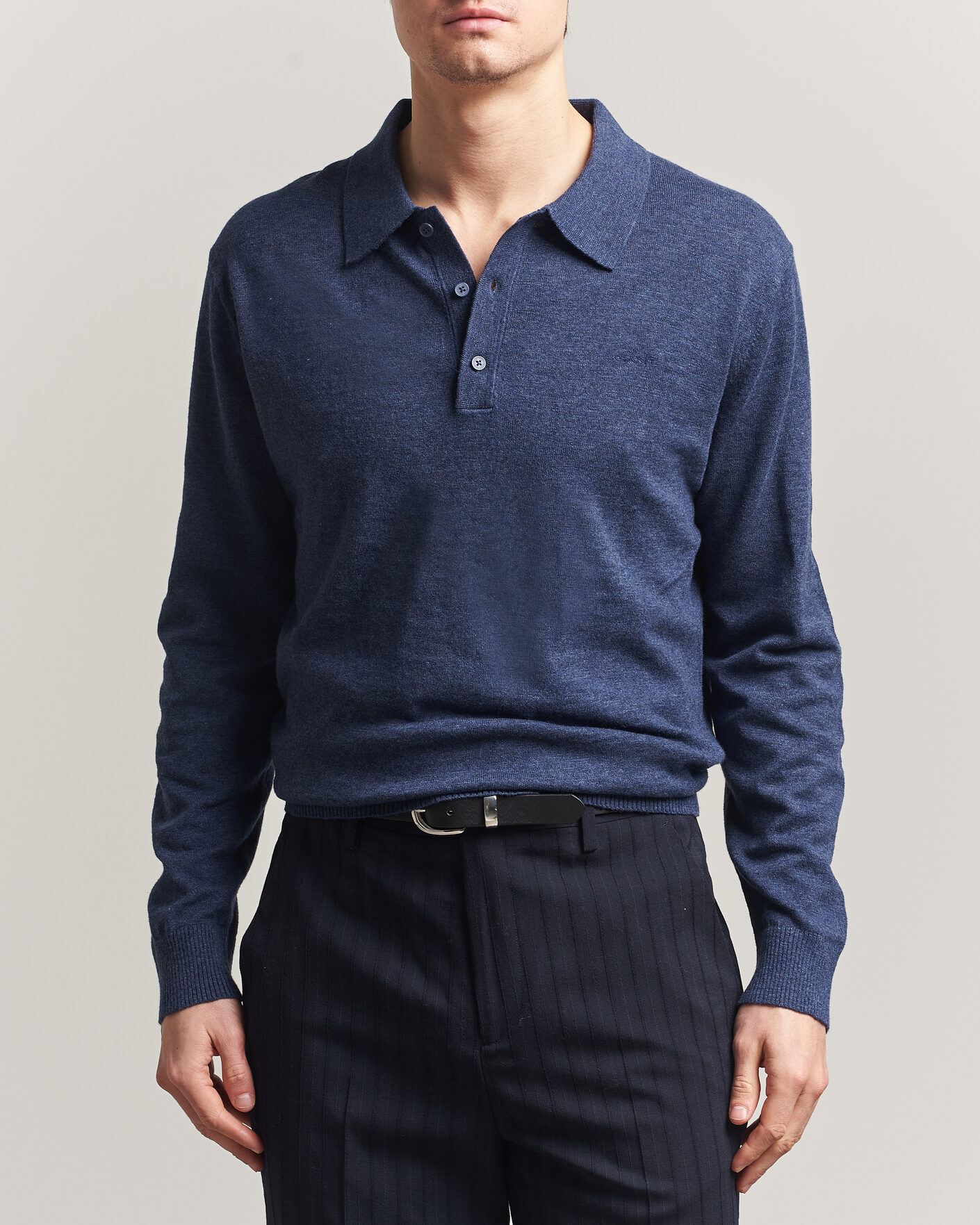 Herre | Gensere | Gant | Cotton/Linen Slub Knitted Polo Dark Indigo Melange