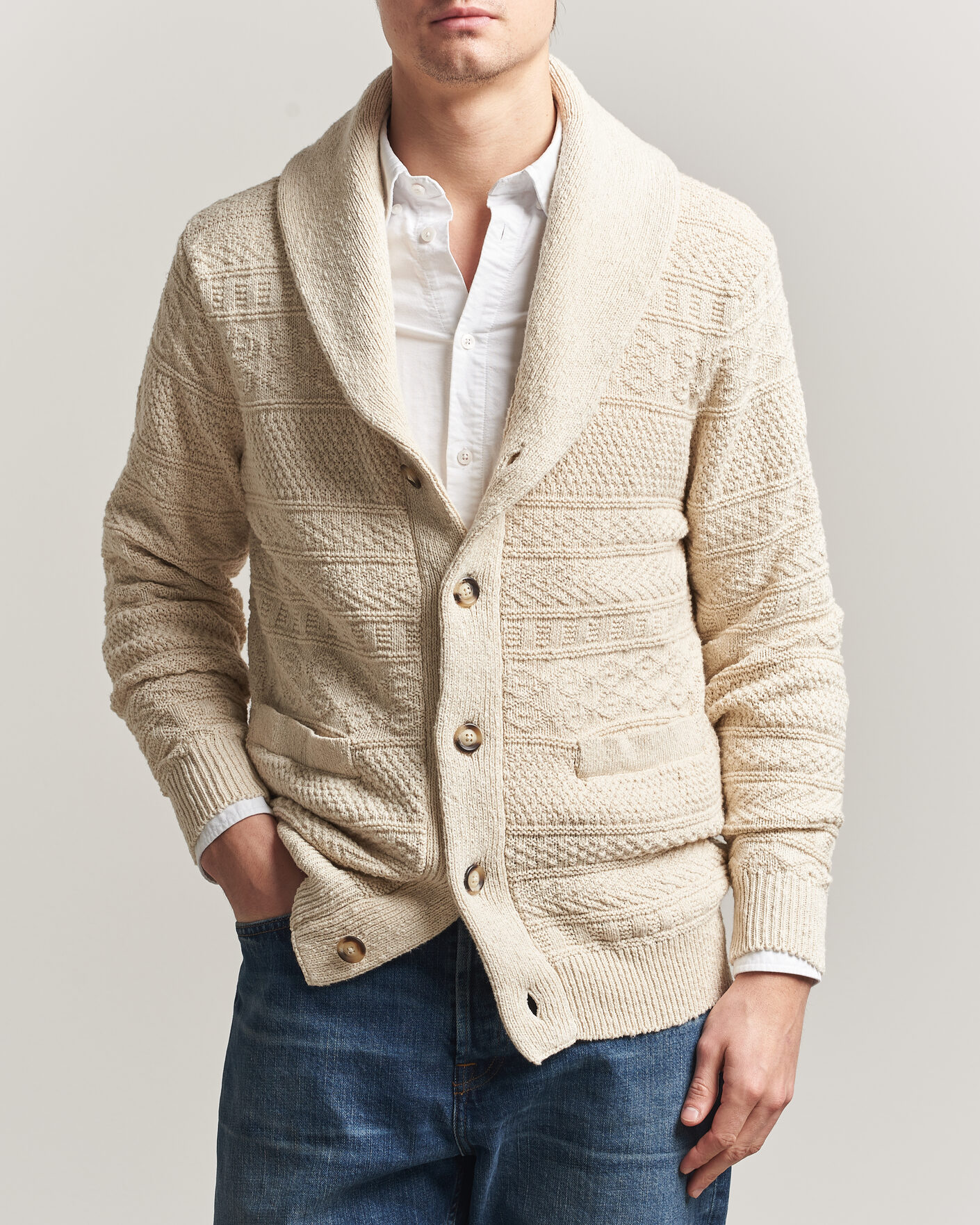 Herre | Gensere | Gant | Cotton/Linen Textured Cardigan Creamed White