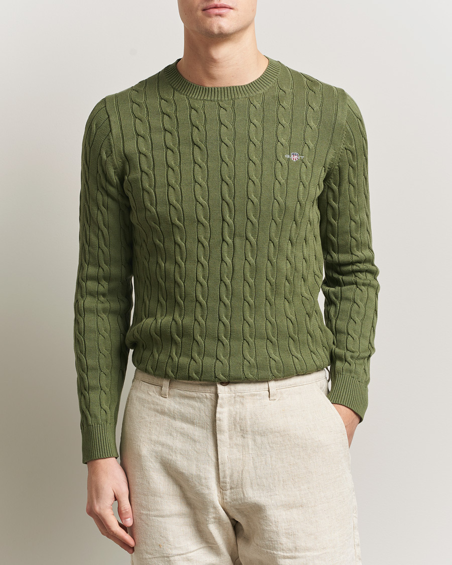 Herre | Gensere | Gant | Cotton Cable Crew Neck Pullover Dry Herb Green