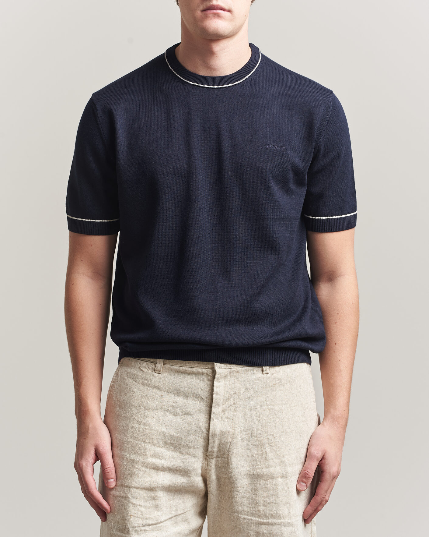 Herre | T-Shirts | GANT | Cotton/Model Knitted T-Shirt Evening Blue
