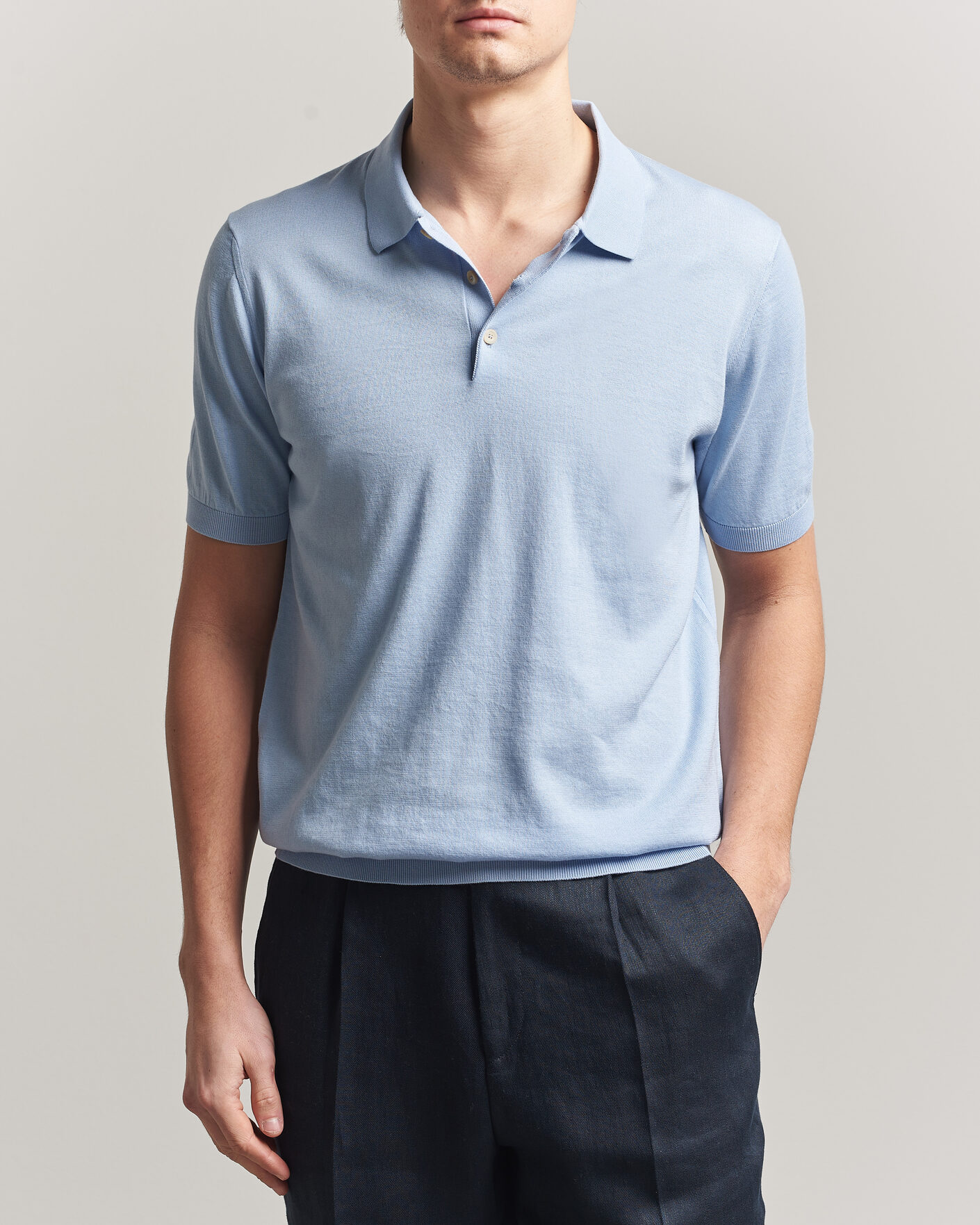 Herre | Pikéer | Piacenza Cashmere | Short Sleeve Knitted Polo Light Blue