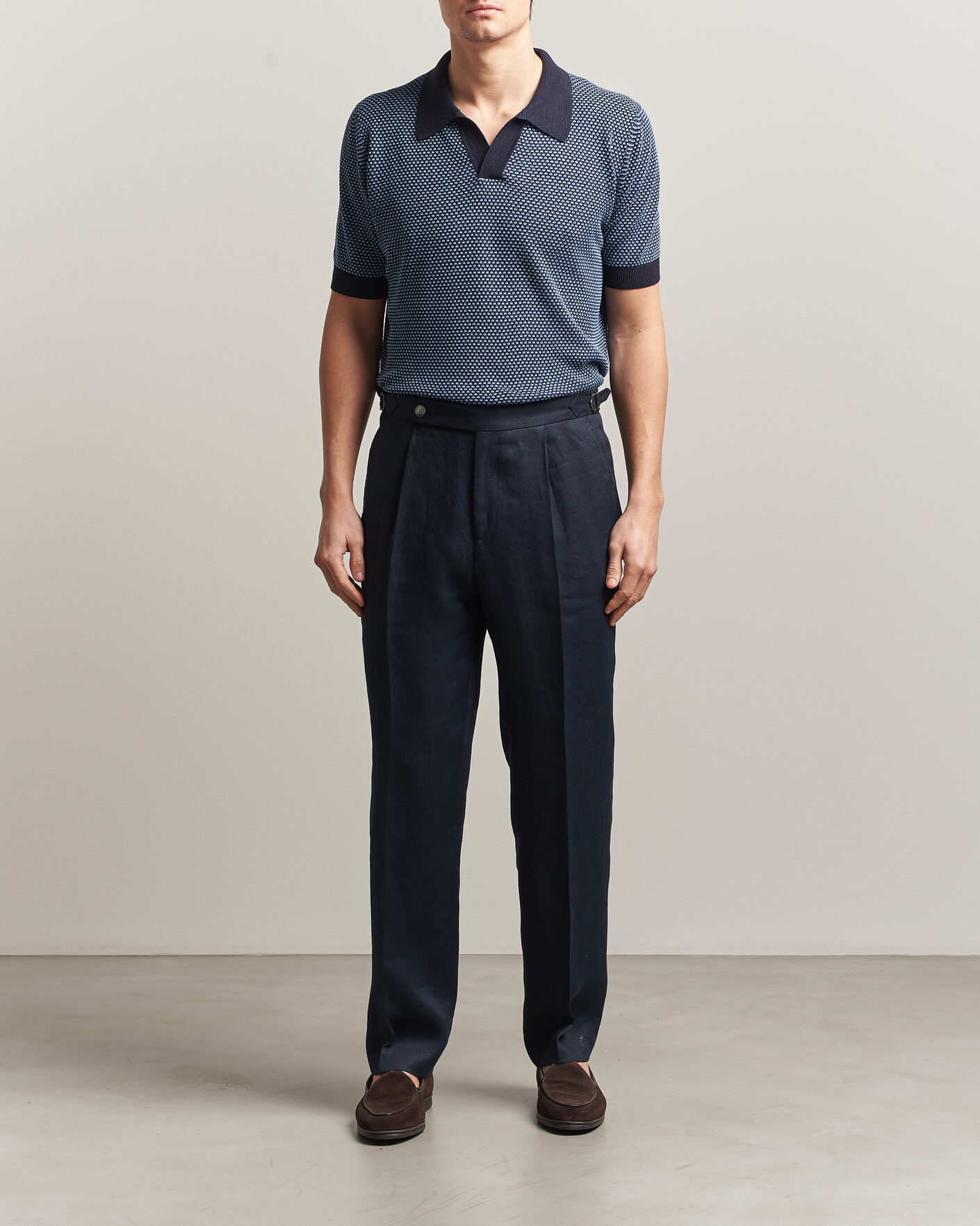 Herre | Pikéer | Piacenza Cashmere | Silk/Linen Honeycomb Knitted Polo Navy
