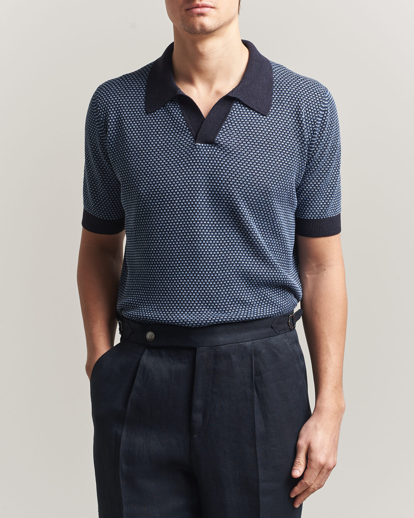 Herre | Pikéer | Piacenza Cashmere | Silk/Linen Honeycomb Knitted Polo Navy