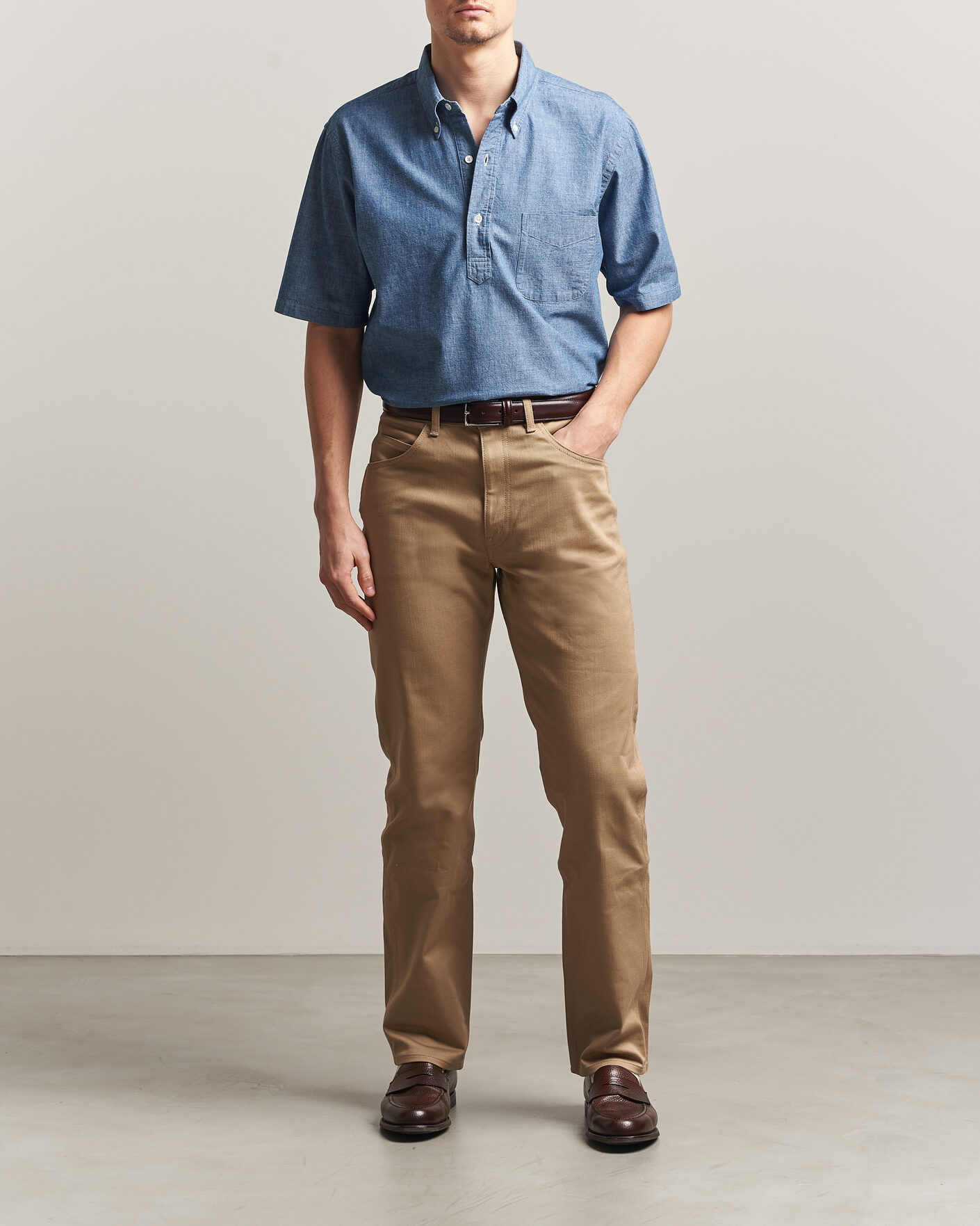 Herre | Skjorter | Kamakura Shirts | Vintage Ivy Half Sleeve Chambray Popover Blue