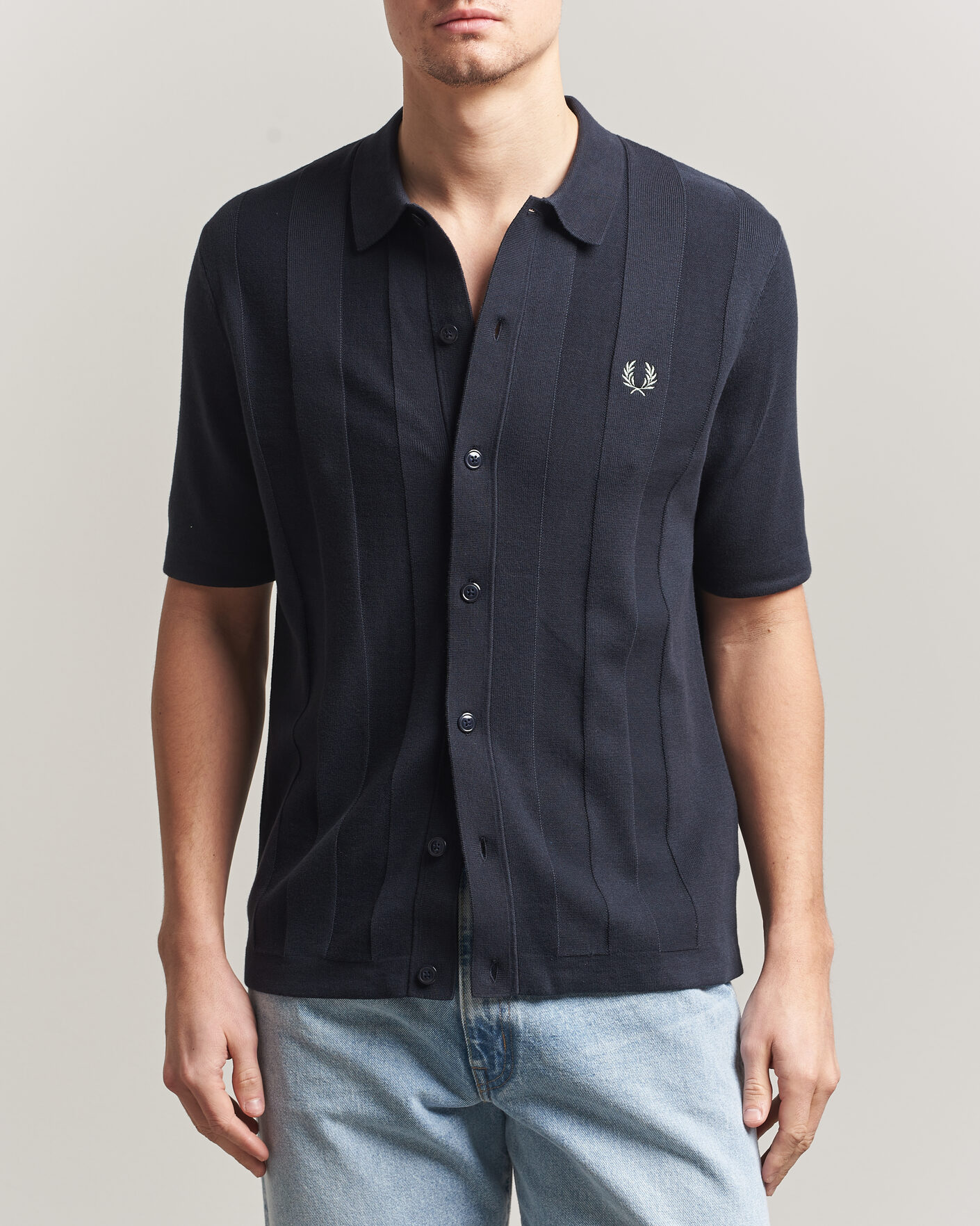 Herre | Skjorter | Fred Perry | Tonal Vertical Striped Knitted Shirt Navy