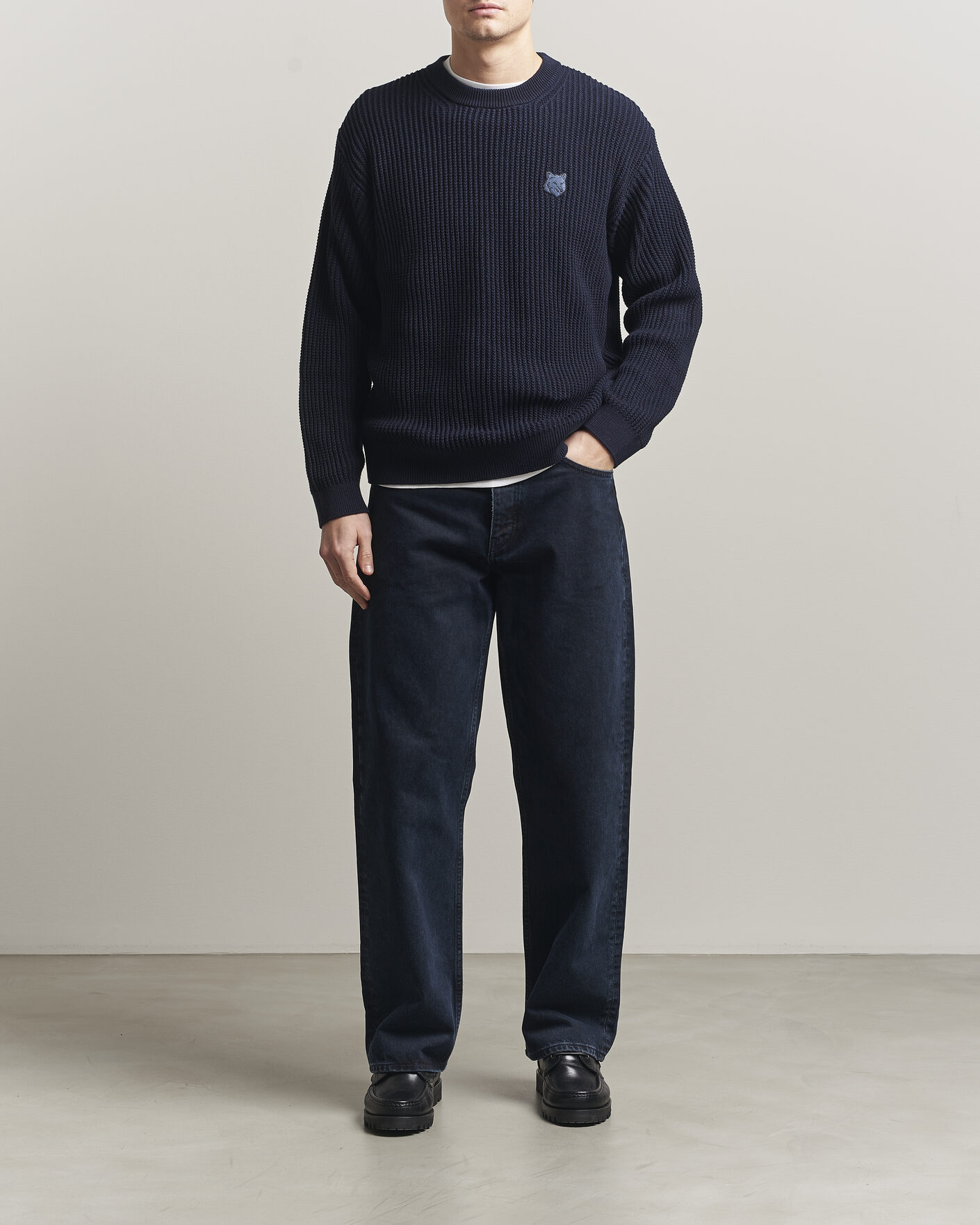Herre | Gensere | Maison Kitsuné | Tonal Fox Head Rib Knitted Sweater Navy