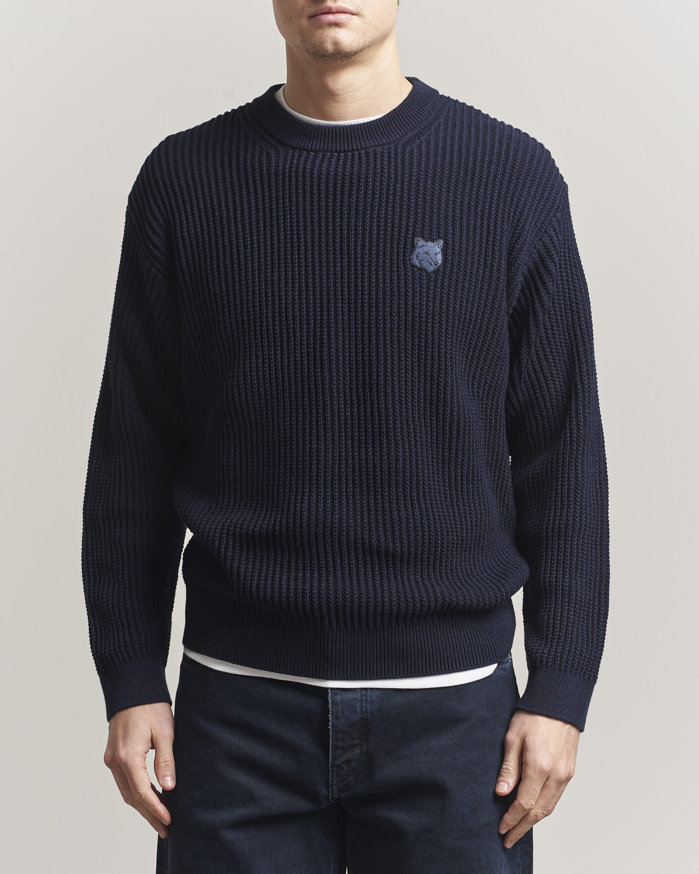 Herre | Gensere | Maison Kitsuné | Tonal Fox Head Rib Knitted Sweater Navy