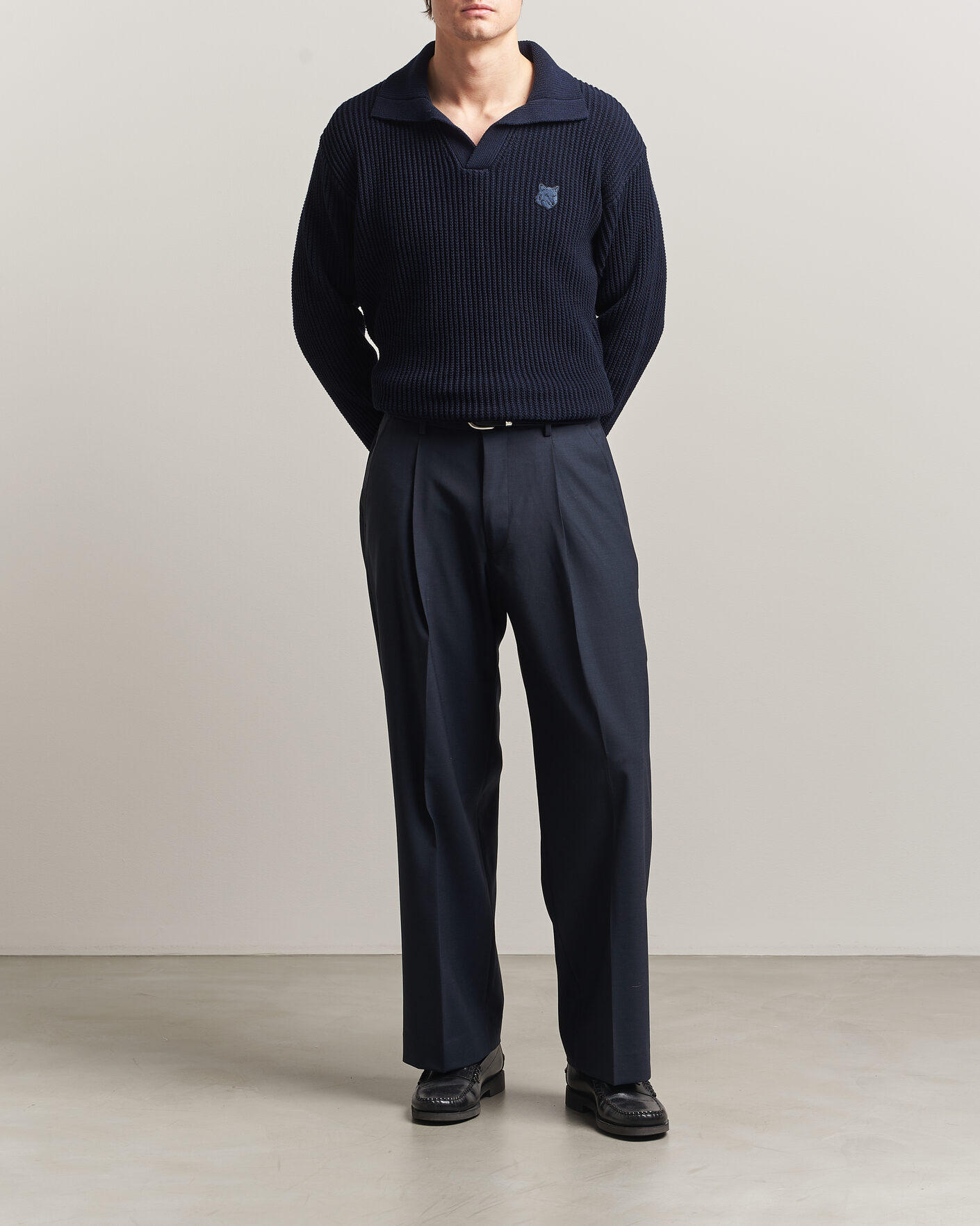 Herre | Pikéer | Maison Kitsuné | Tonal Fox Head Rib Knitted Polo Navy