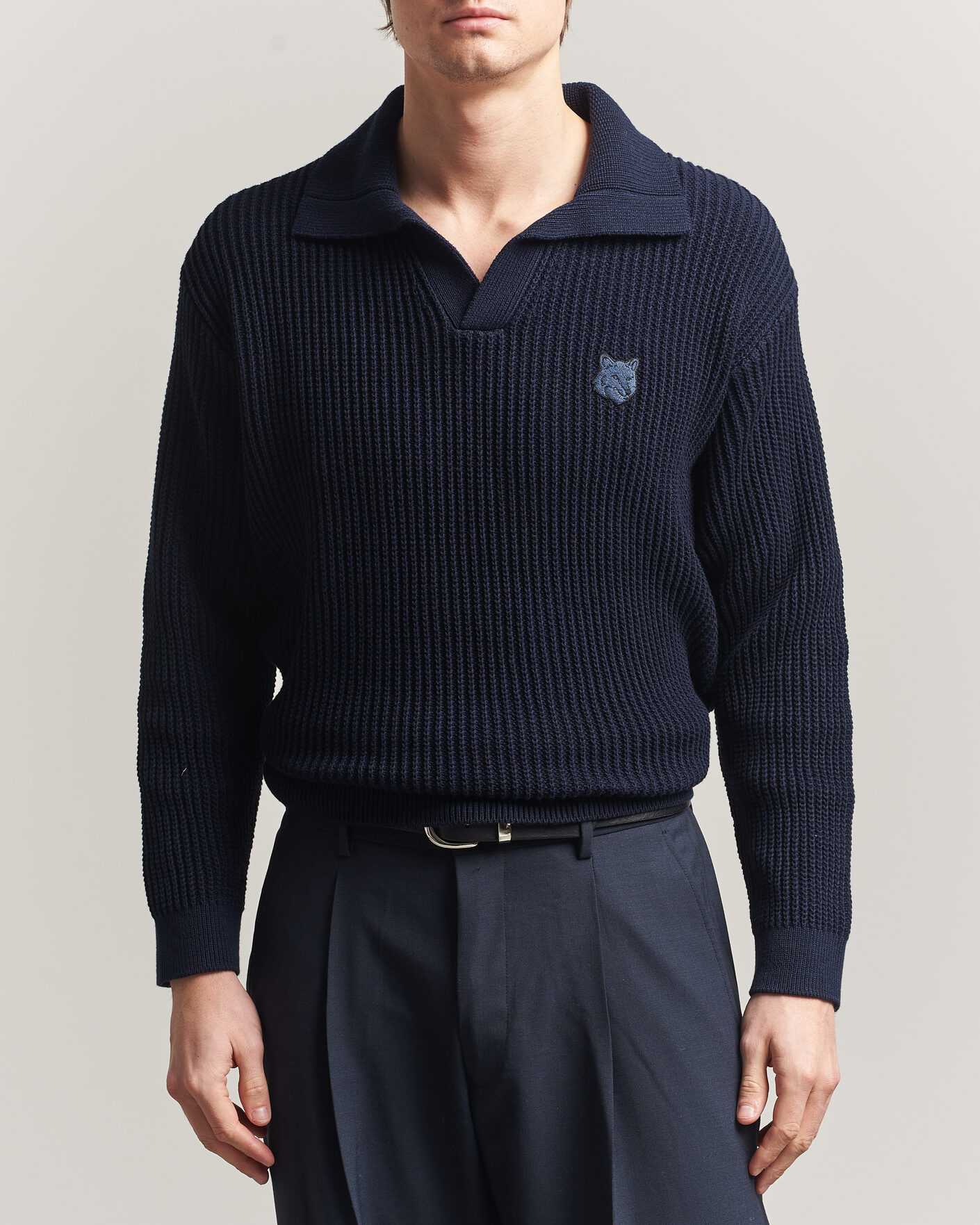 Herre | Pikéer | Maison Kitsuné | Tonal Fox Head Rib Knitted Polo Navy