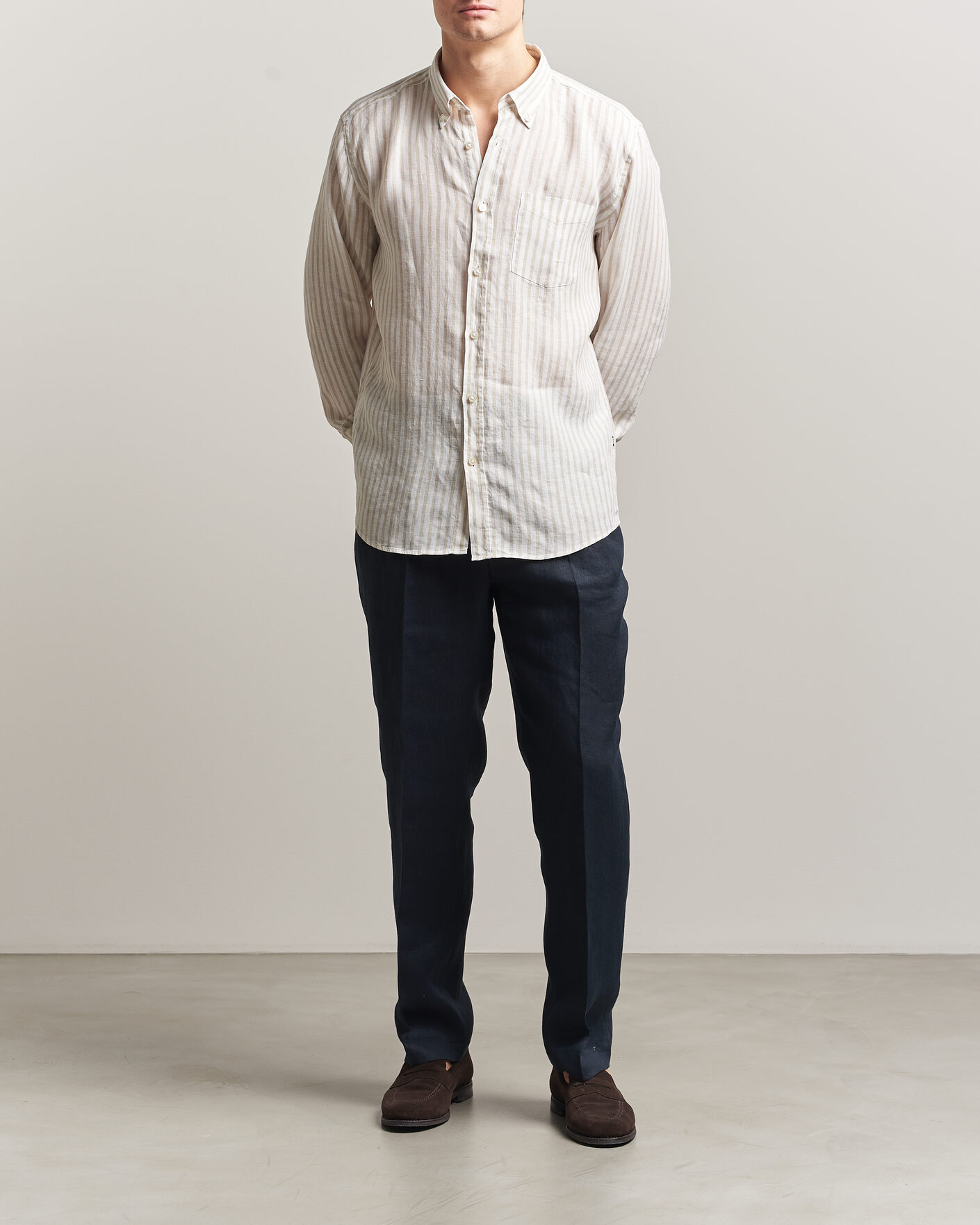 Herre | Skjorter | BOSS BLACK | Liam Striped Linen Shirt Open Beige
