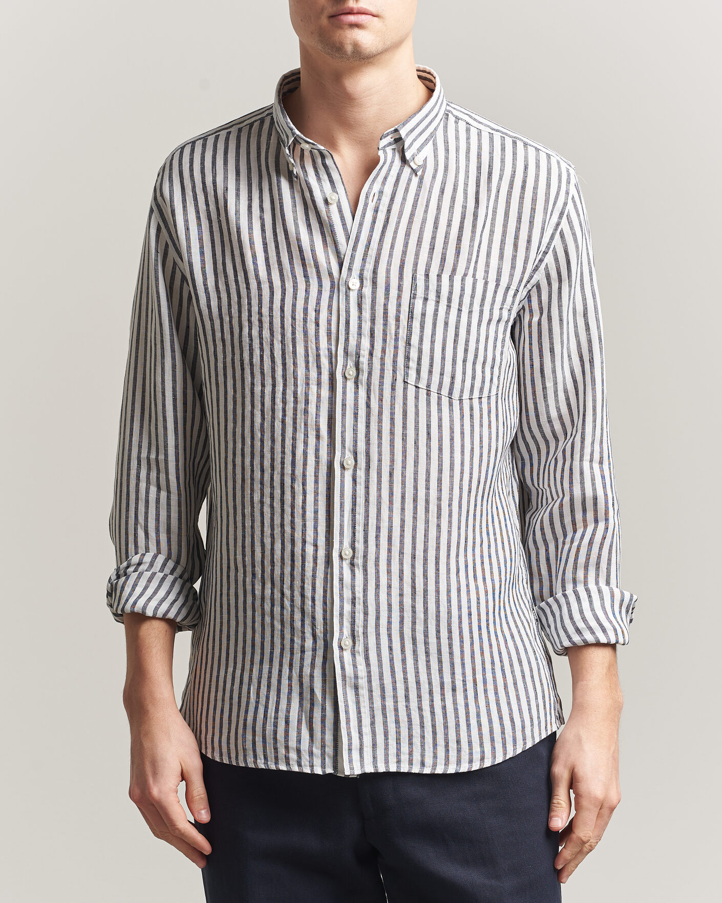 Herre | Skjorter | BOSS BLACK | Liam Striped Linen Shirt Dark Blue