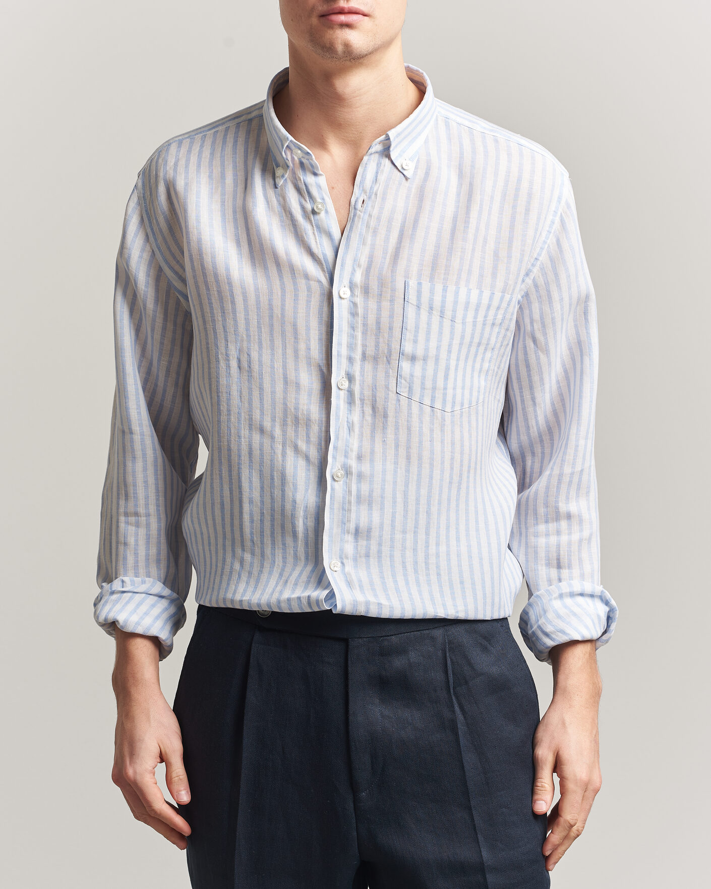 Herre | Skjorter | BOSS BLACK | Liam Striped Linen Shirt Light Blue