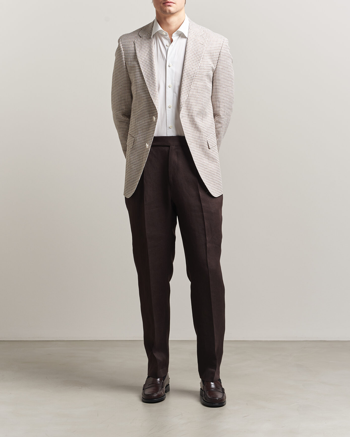 Herre | Dressjakker | BOSS BLACK | Hutson Linen/Cotton Houndstooth Blazer Open Beige