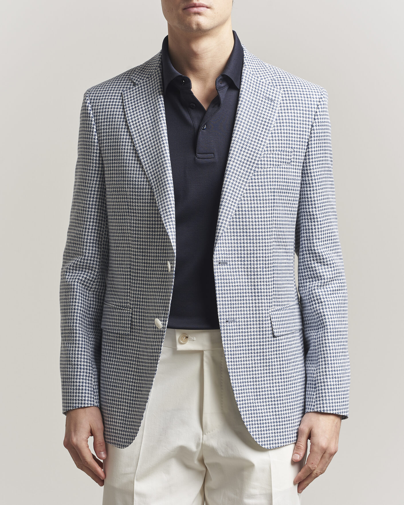 Herre | Dressjakker | BOSS BLACK | Hutson Linen/Cotton Houndstooth Blazer Open Blue