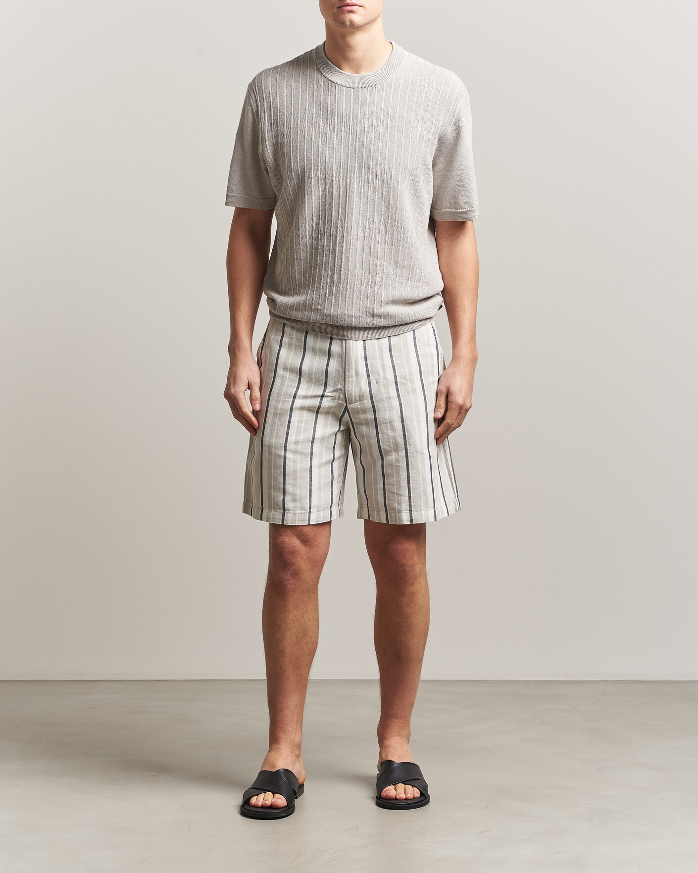Herre | Shorts | BOSS ORANGE | Linen/Cotton Striped Drawstring Shorts Open Grey