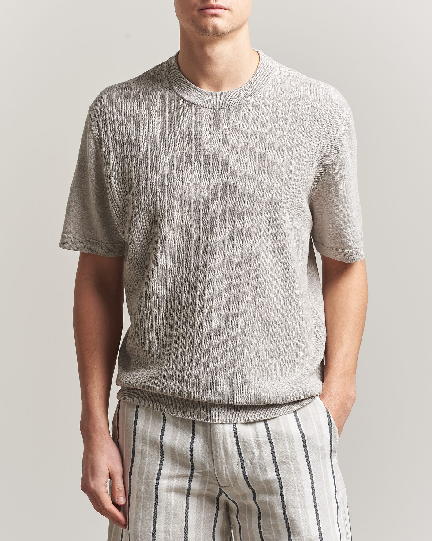 Herre | T-Shirts | BOSS ORANGE | Kajordino Linen/Cotton Knitted T-Shirt Beige