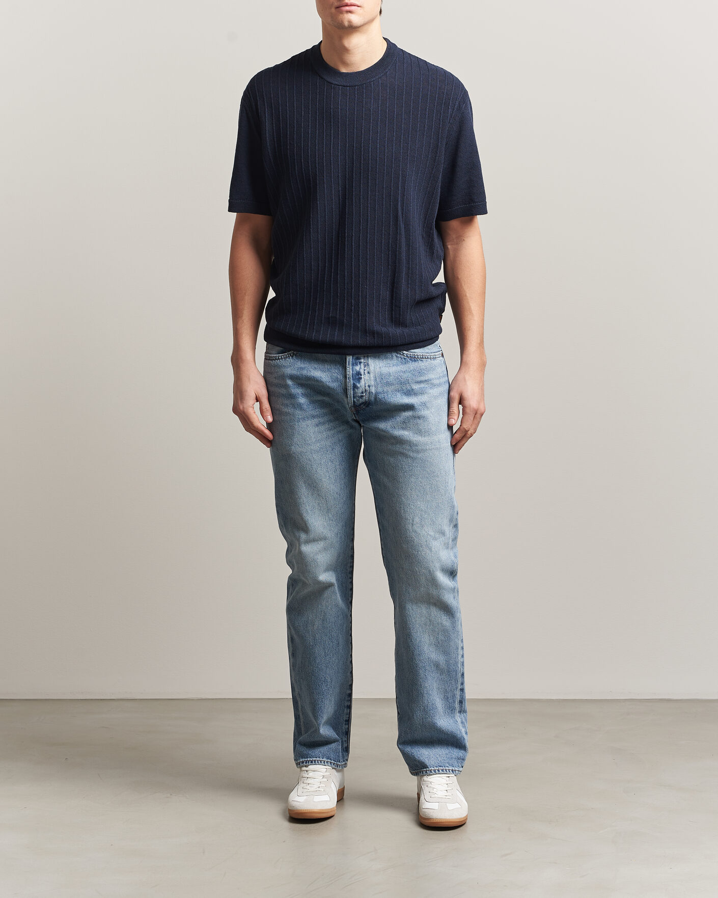 Herre | T-Shirts | BOSS ORANGE | Kajordino Linen/Cotton Knitted T-Shirt Dark Blue