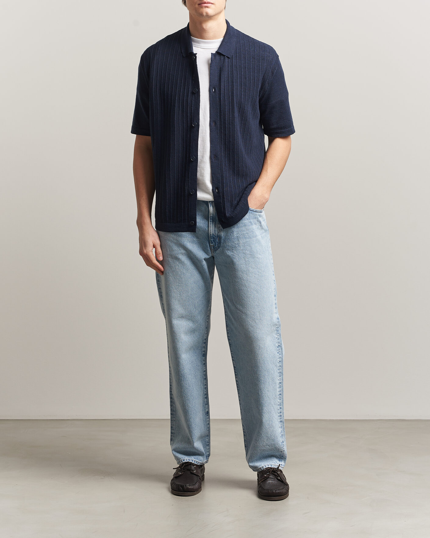 Herre | Skjorter | BOSS ORANGE | Amicino Linen/Cotton Knitted Shirt Dark Blue