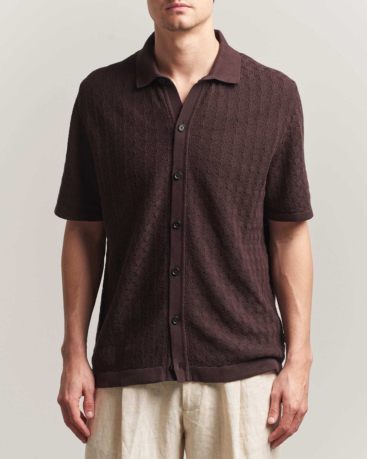 Herre | Skjorter | BOSS BLACK | Nappo Knitted Short Sleeve Shirt Dark Brown
